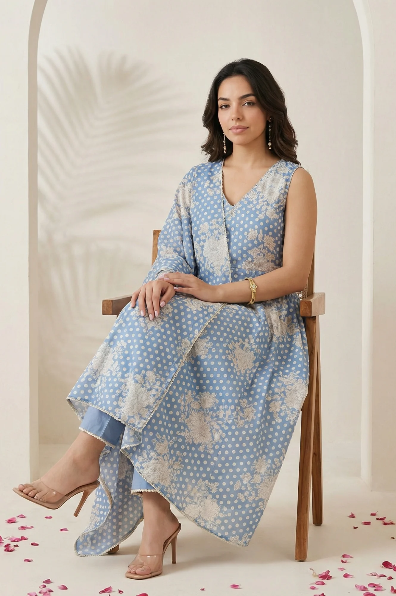 Blue Floral Printed Lace Chanderi Sleeveless A-line Kurta with Straight Pants and Dupatta Set - Image 2
