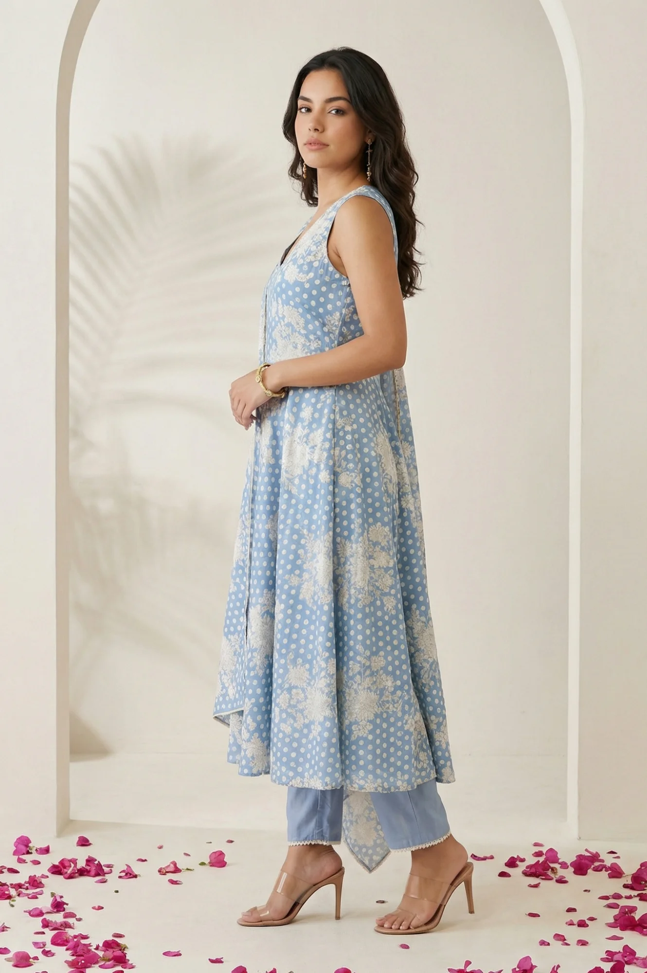 Blue Floral Printed Lace Chanderi Sleeveless A-line Kurta with Straight Pants and Dupatta Set - Image 3