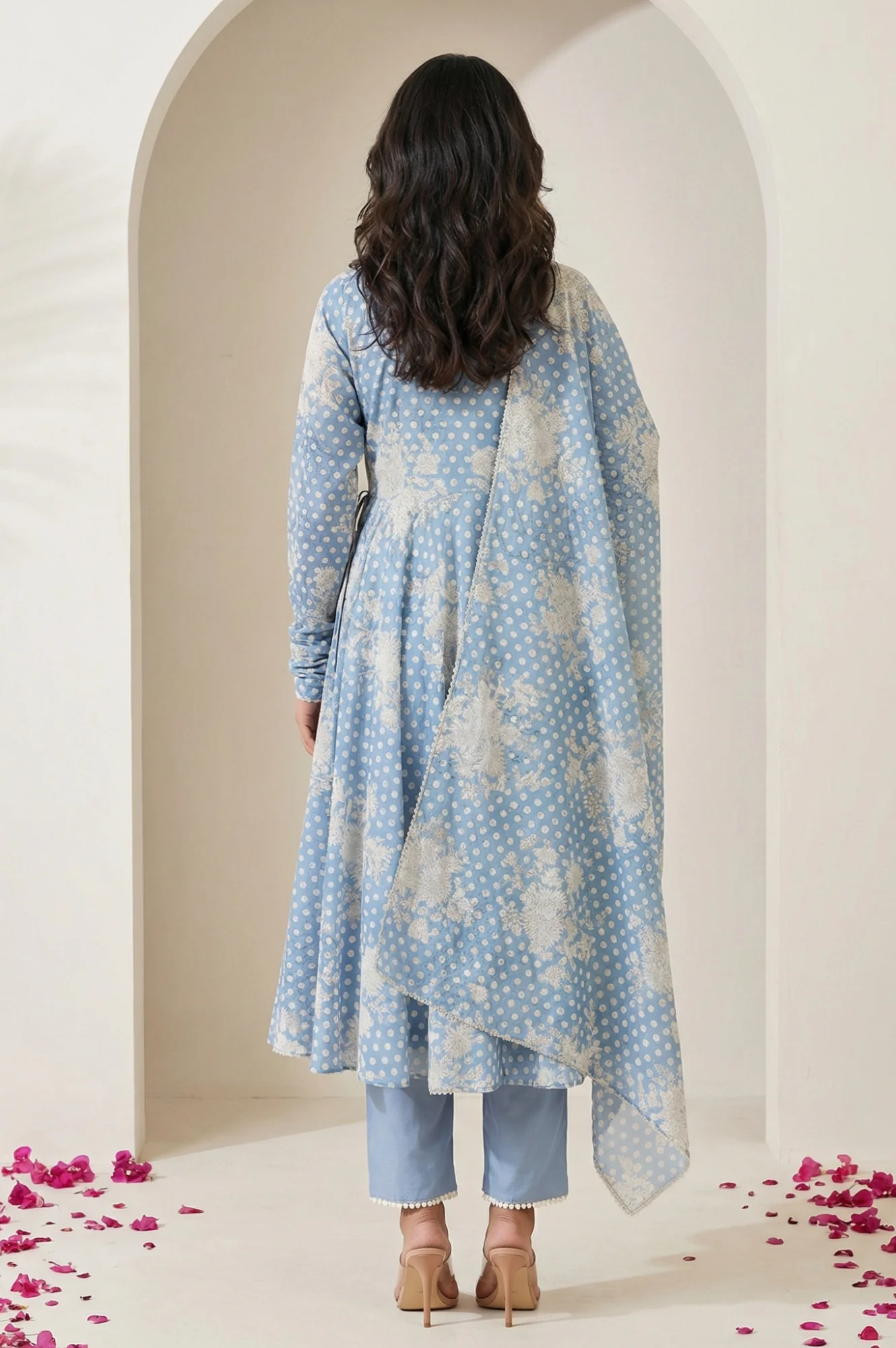 Blue Floral Printed Lace Chanderi Sleeveless A-line Kurta with Straight Pants and Dupatta Set - Image 4