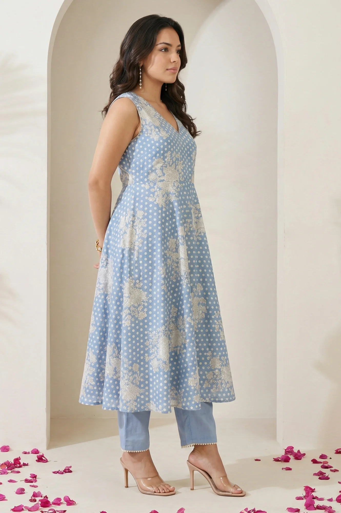 Blue Floral Printed Lace Chanderi Sleeveless A-line Kurta with Straight Pants and Dupatta Set - Image 5
