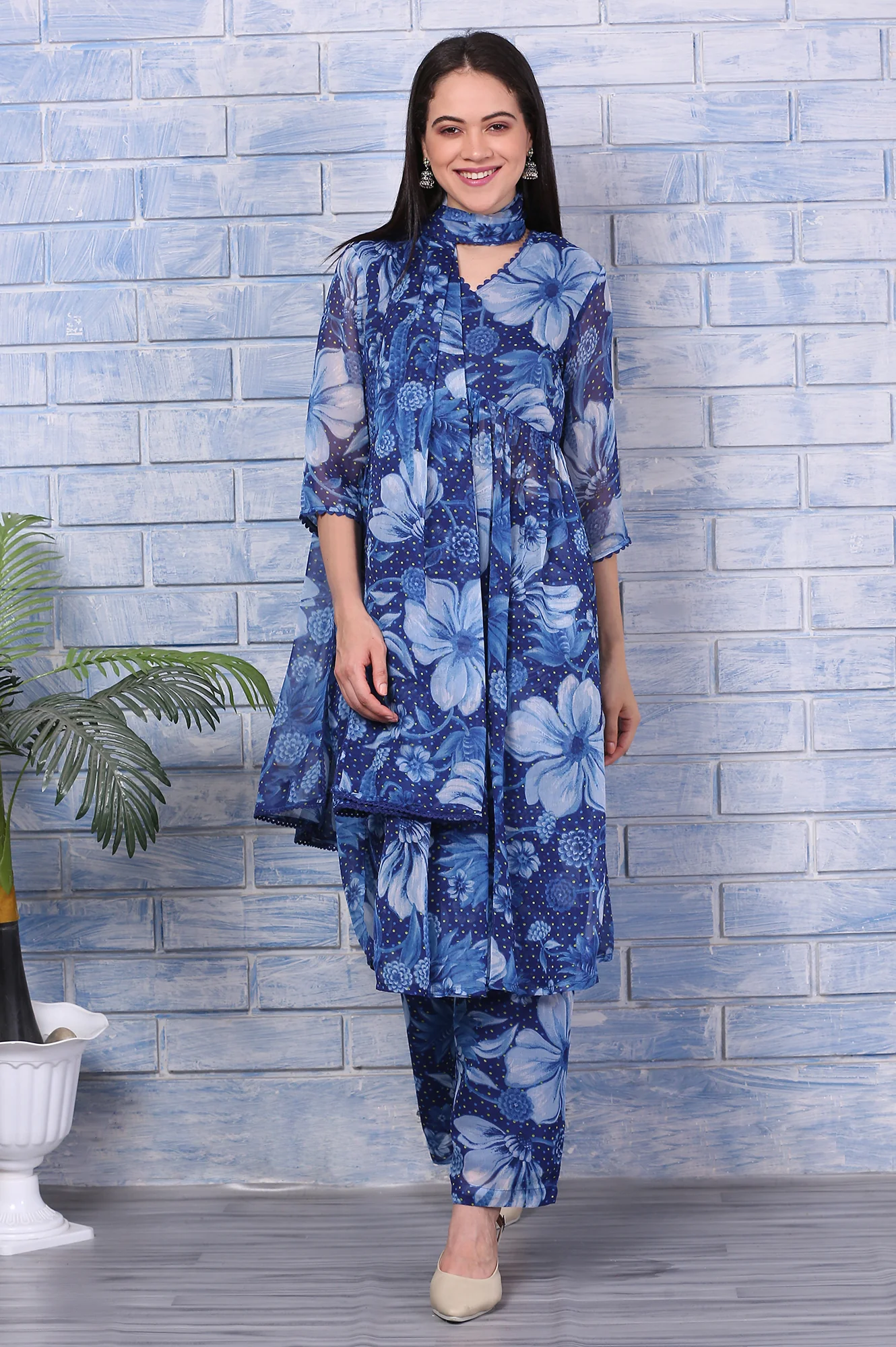Blue Floral Printed Lace Chiffon Straight Kurta, Parallel Pants and Dupatta Set - Image 2