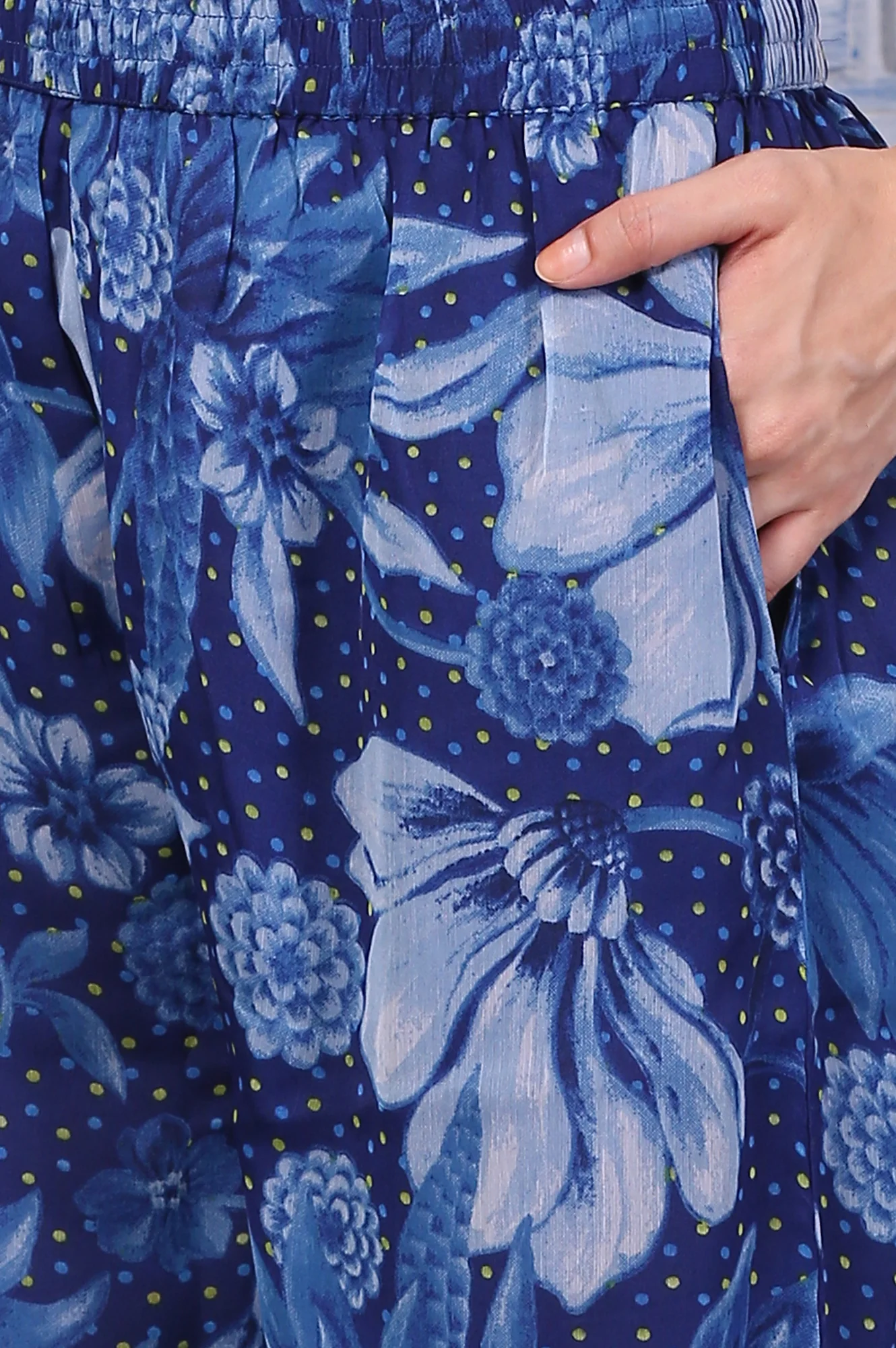 Blue Floral Printed Lace Chiffon Straight Kurta, Parallel Pants and Dupatta Set - Image 9