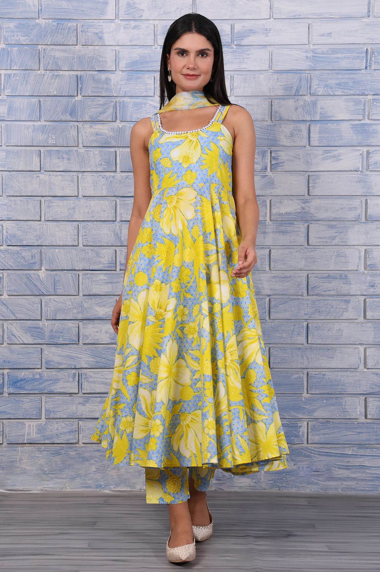 Blue Floral Printed Lace Pure Cotton Flared Kurta, Straight Pant And Dupatta Set - Image 2