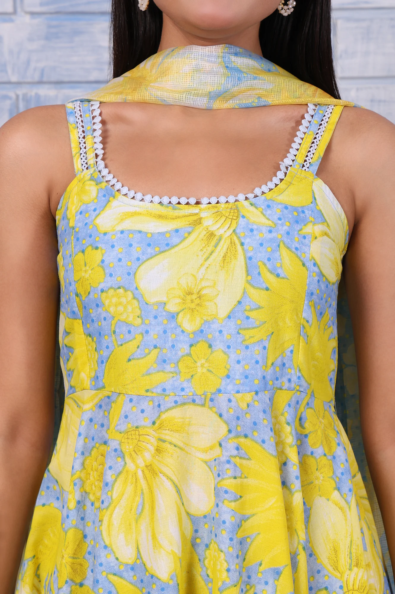 Blue Floral Printed Lace Pure Cotton Flared Kurta, Straight Pant And Dupatta Set - Image 3