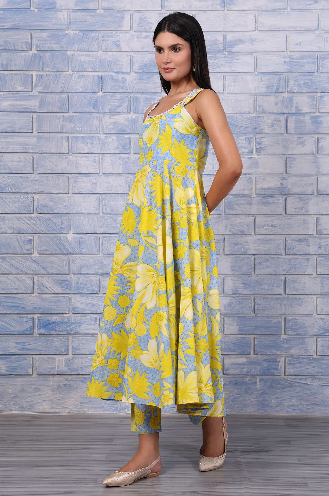Blue Floral Printed Lace Pure Cotton Flared Kurta, Straight Pant And Dupatta Set - Image 4