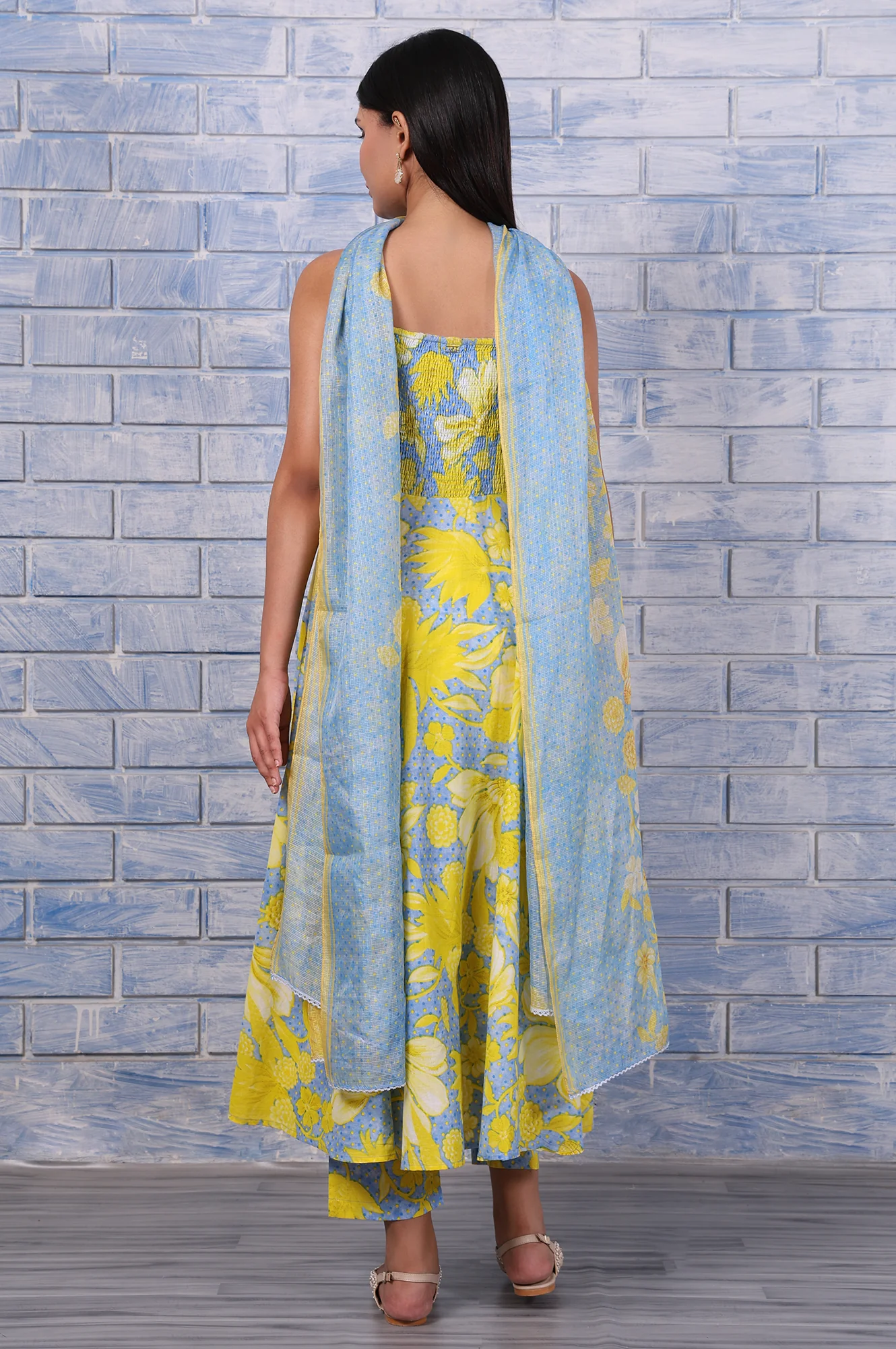Blue Floral Printed Lace Pure Cotton Flared Kurta, Straight Pant And Dupatta Set - Image 5