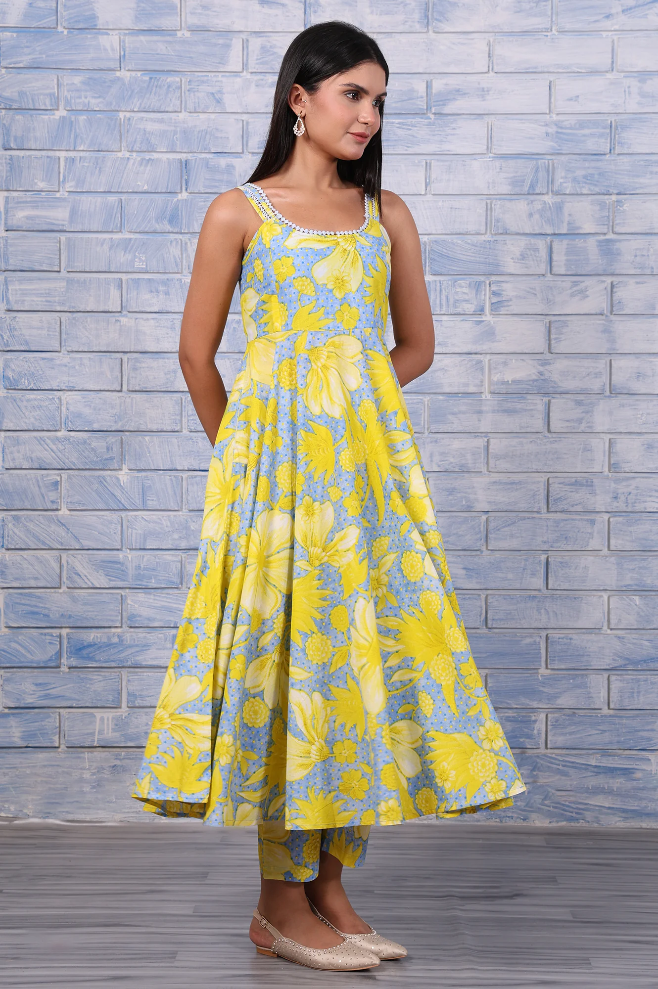 Blue Floral Printed Lace Pure Cotton Flared Kurta, Straight Pant And Dupatta Set - Image 6