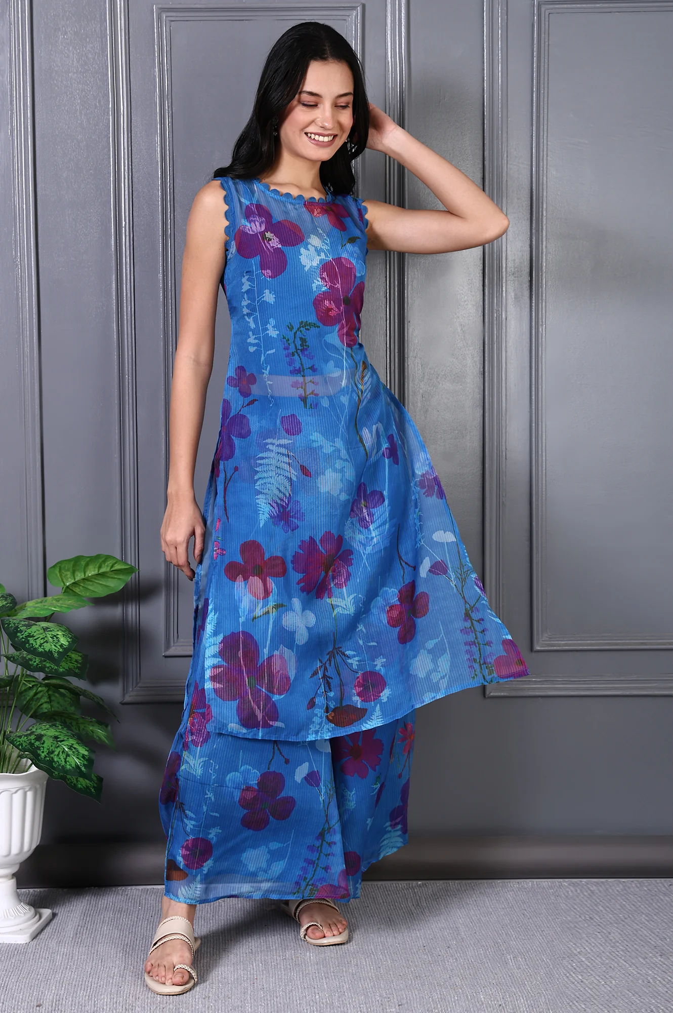 Blue Floral Printed Lace Straight Sheer Kurta, Crop Top and Pants Set - Image 6