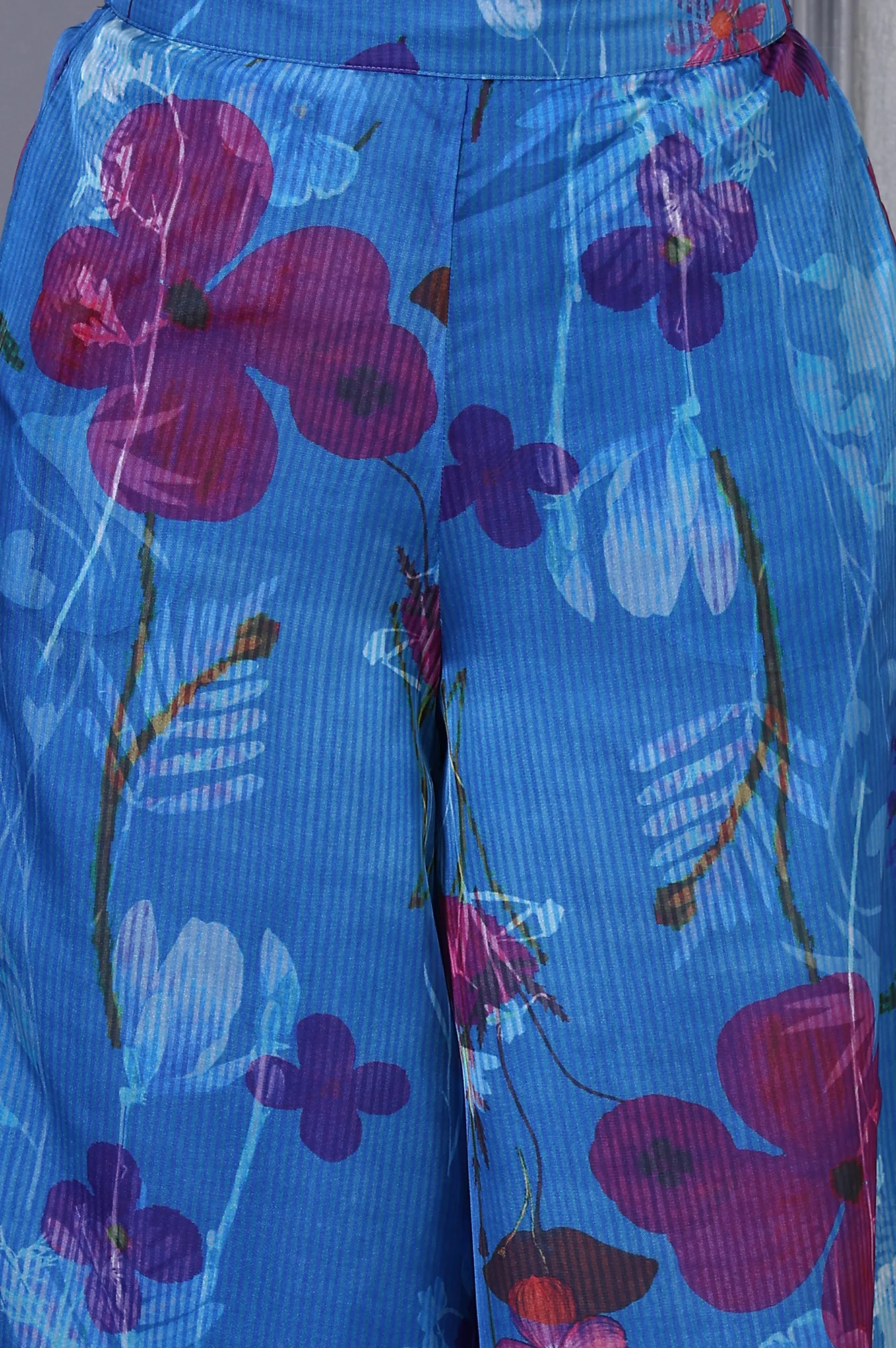Blue Floral Printed Lace Straight Sheer Kurta, Crop Top and Pants Set - Image 8