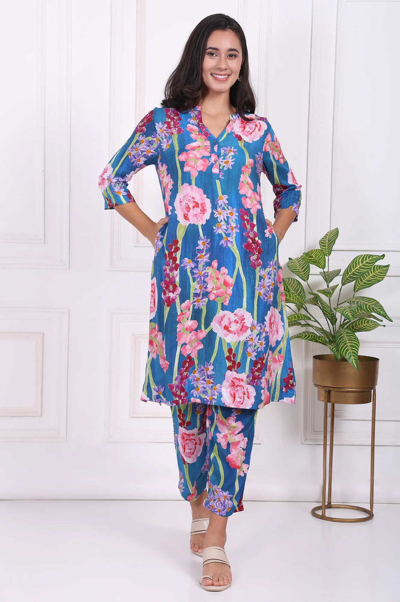 Blue Floral Printed Modal Ankle Length Straight Pants