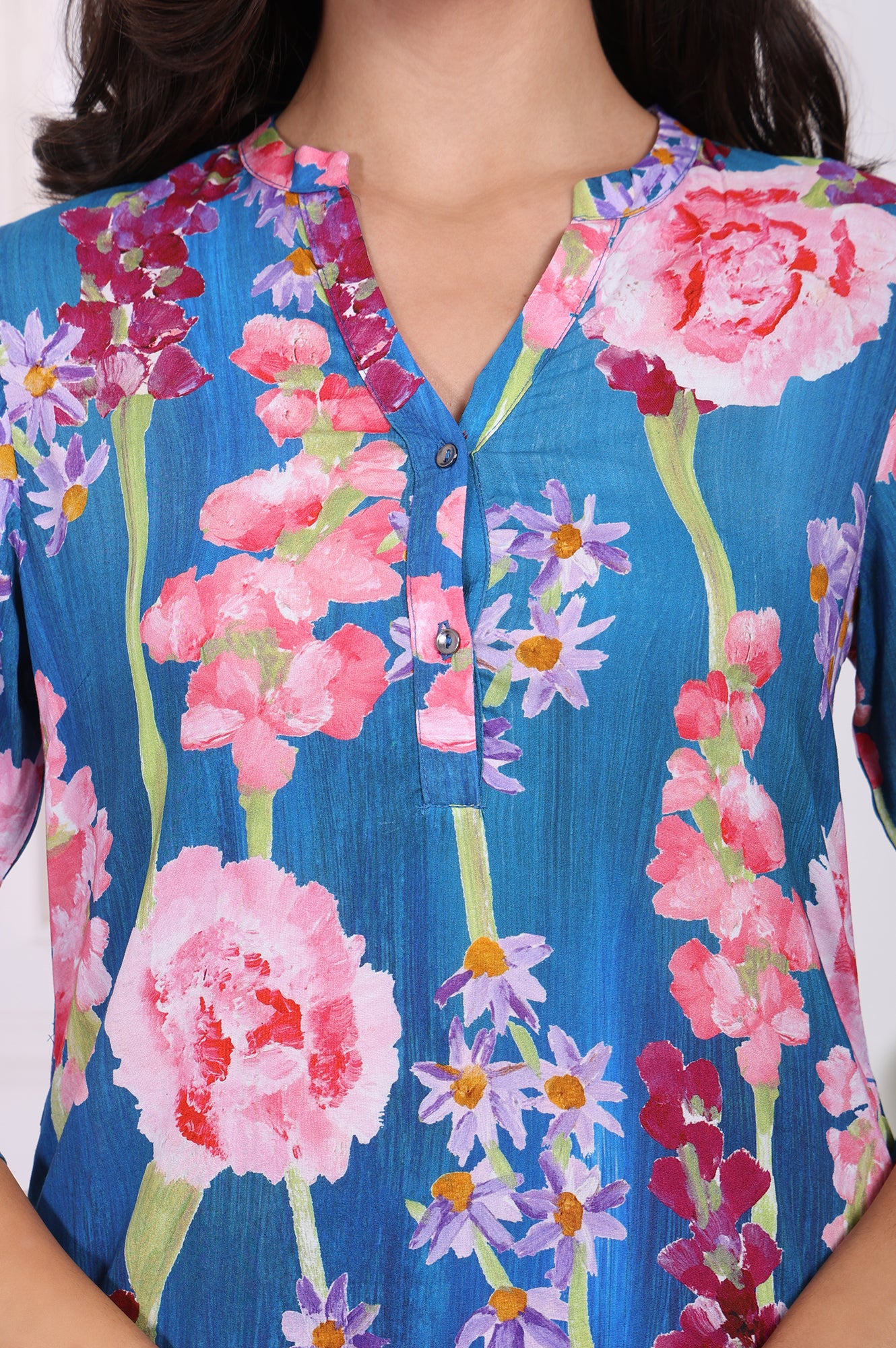 Blue Floral Printed Modal Ankle Length Straight Pants - Image 3