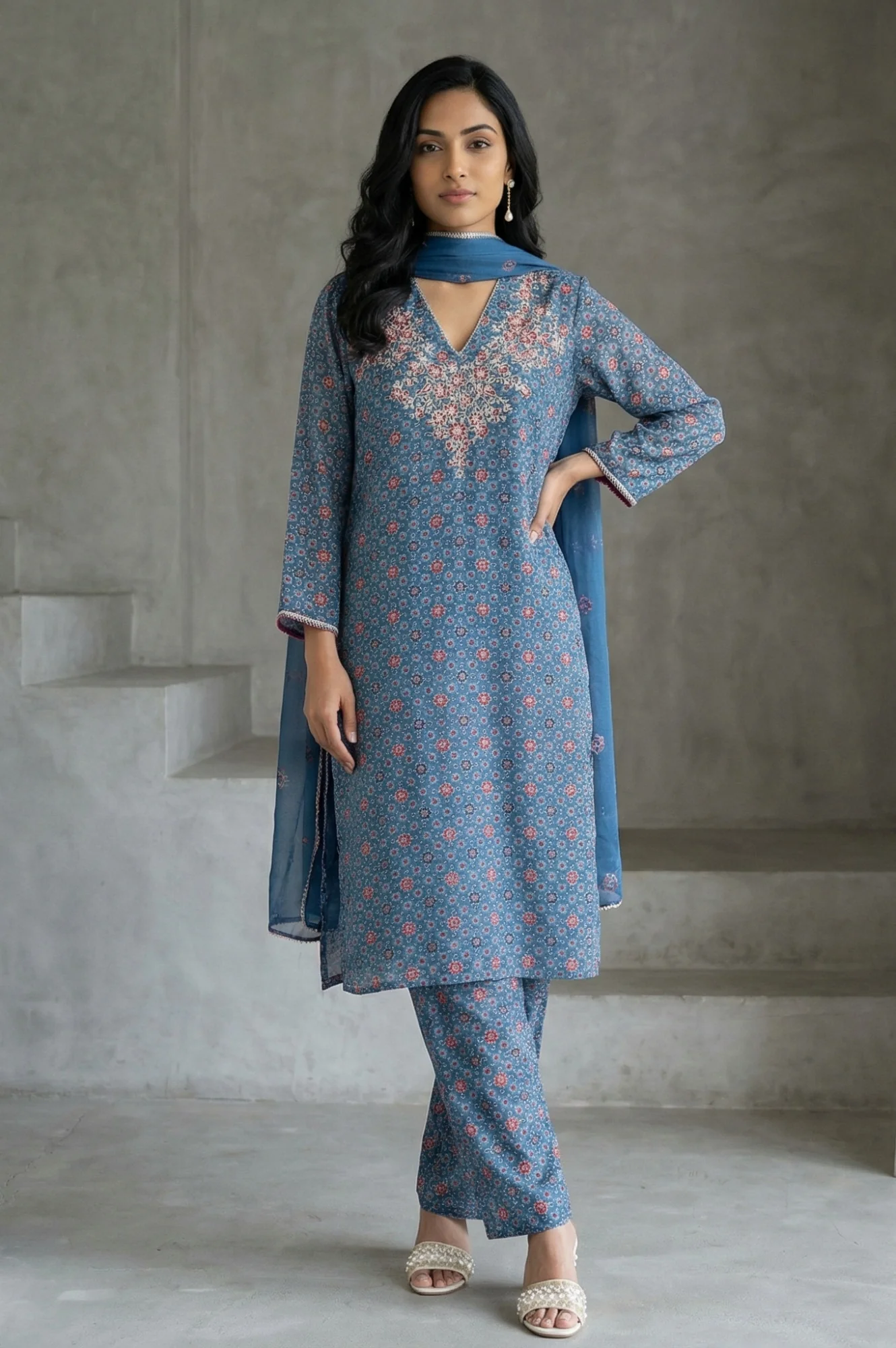 Blue Floral Printed Modal Straight Kurta with Pants and Dupatta Set