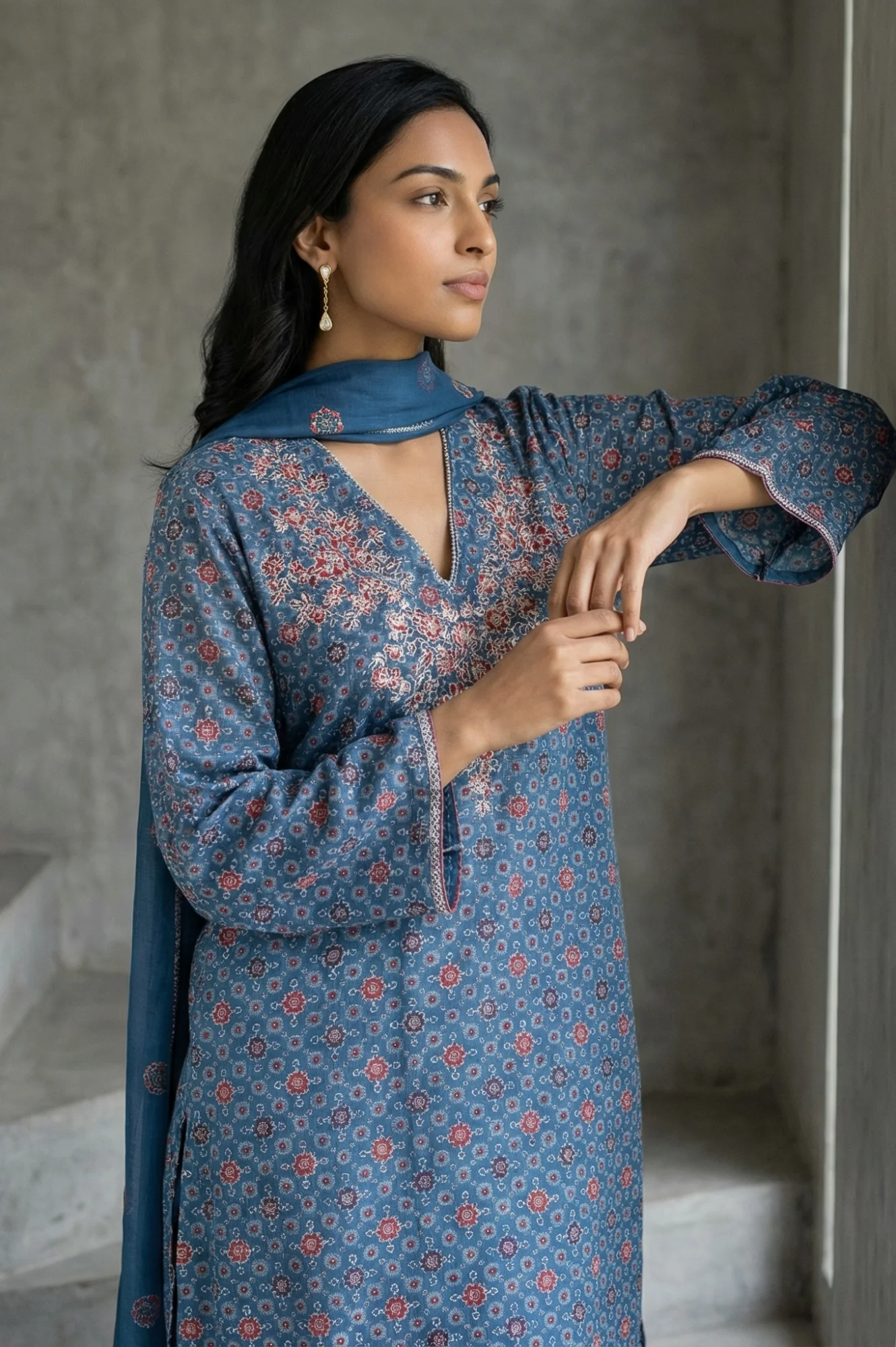 Blue Floral Printed Modal Straight Kurta with Pants and Dupatta Set - Image 2