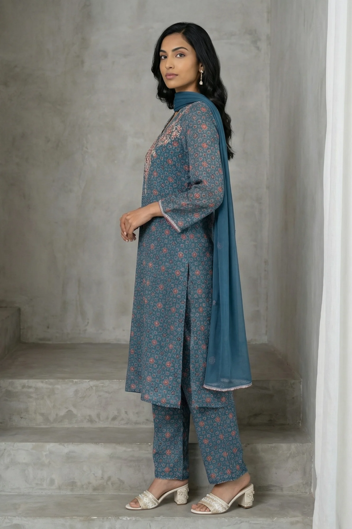 Blue Floral Printed Modal Straight Kurta with Pants and Dupatta Set - Image 4