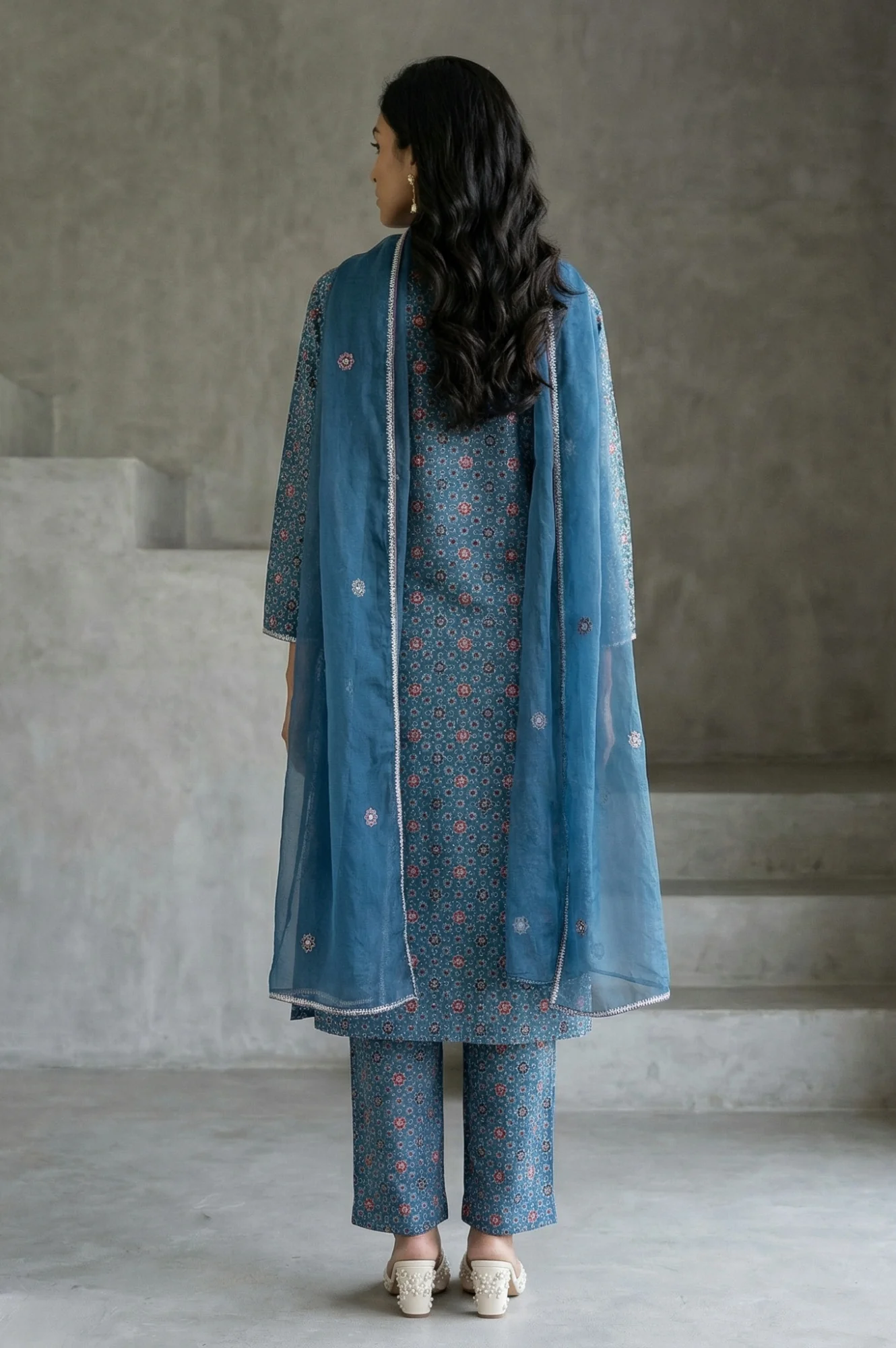 Blue Floral Printed Modal Straight Kurta with Pants and Dupatta Set - Image 5