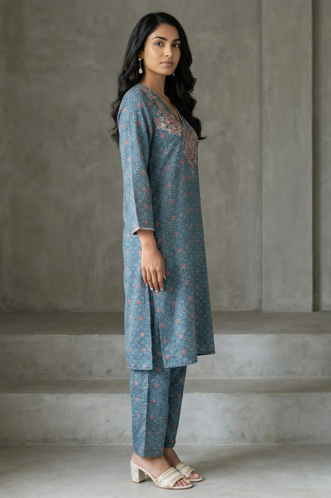 Blue Floral Printed Modal Straight Kurta with Pants and Dupatta Set - Image 6