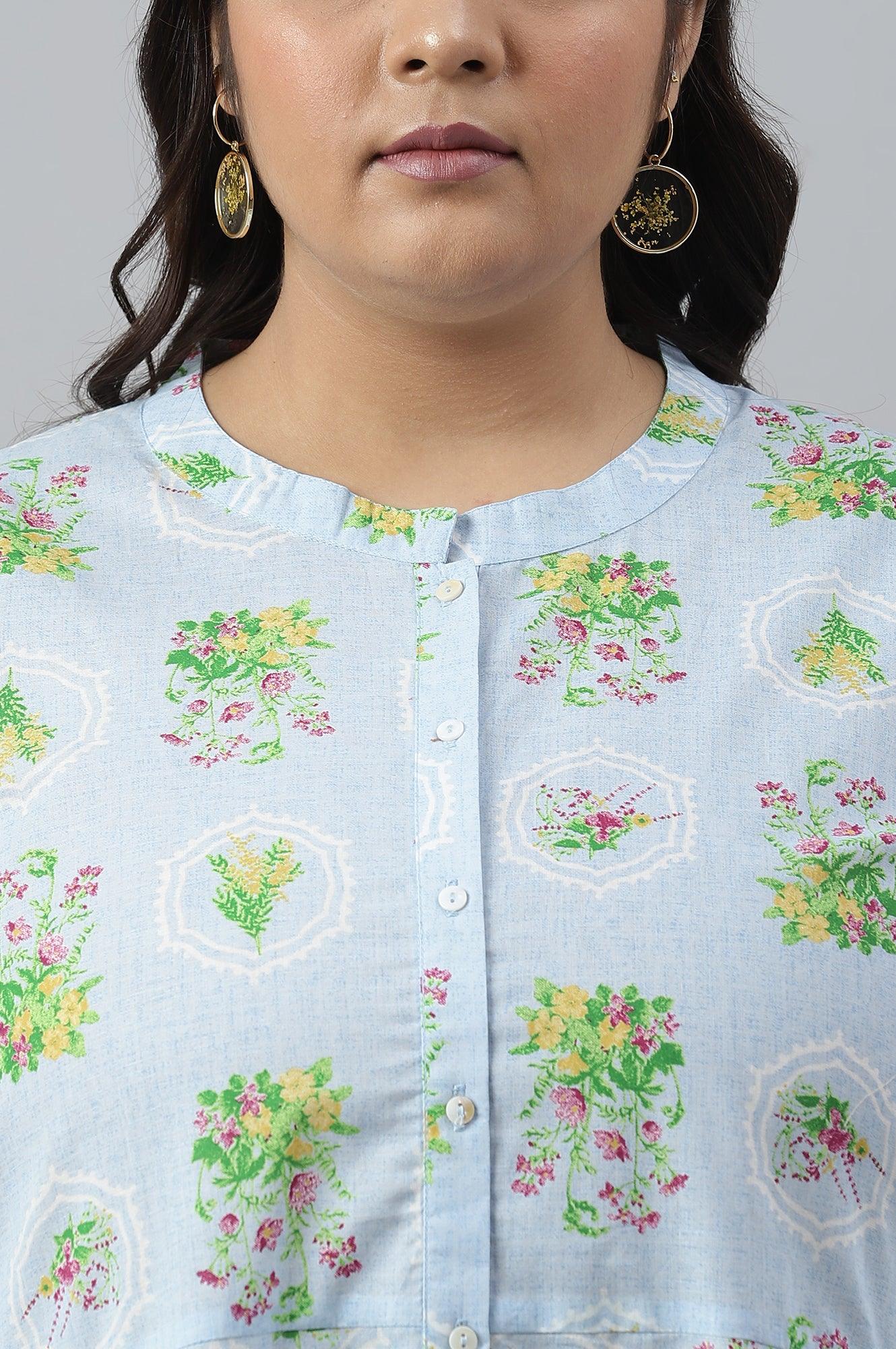Blue Floral Printed Panelled Shirt Dress - Image 5