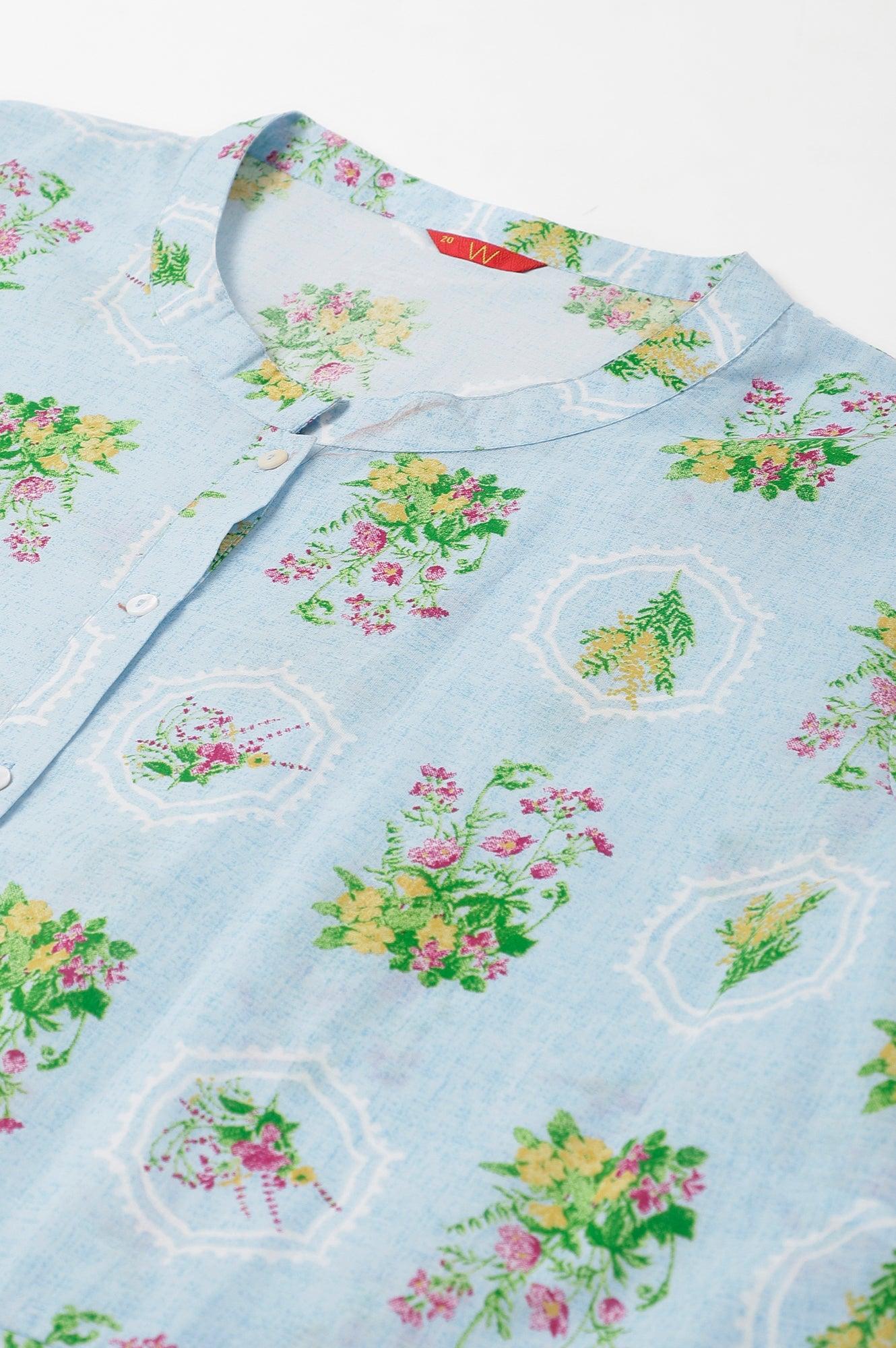 Blue Floral Printed Panelled Shirt Dress - Image 7