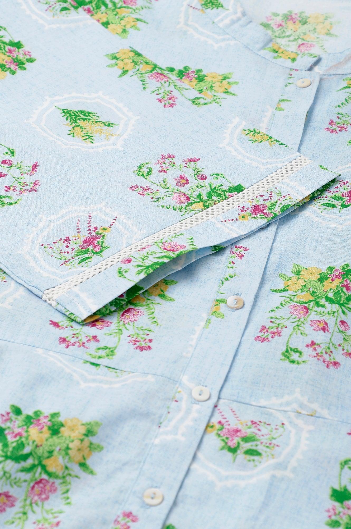 Blue Floral Printed Panelled Shirt Dress - Image 8