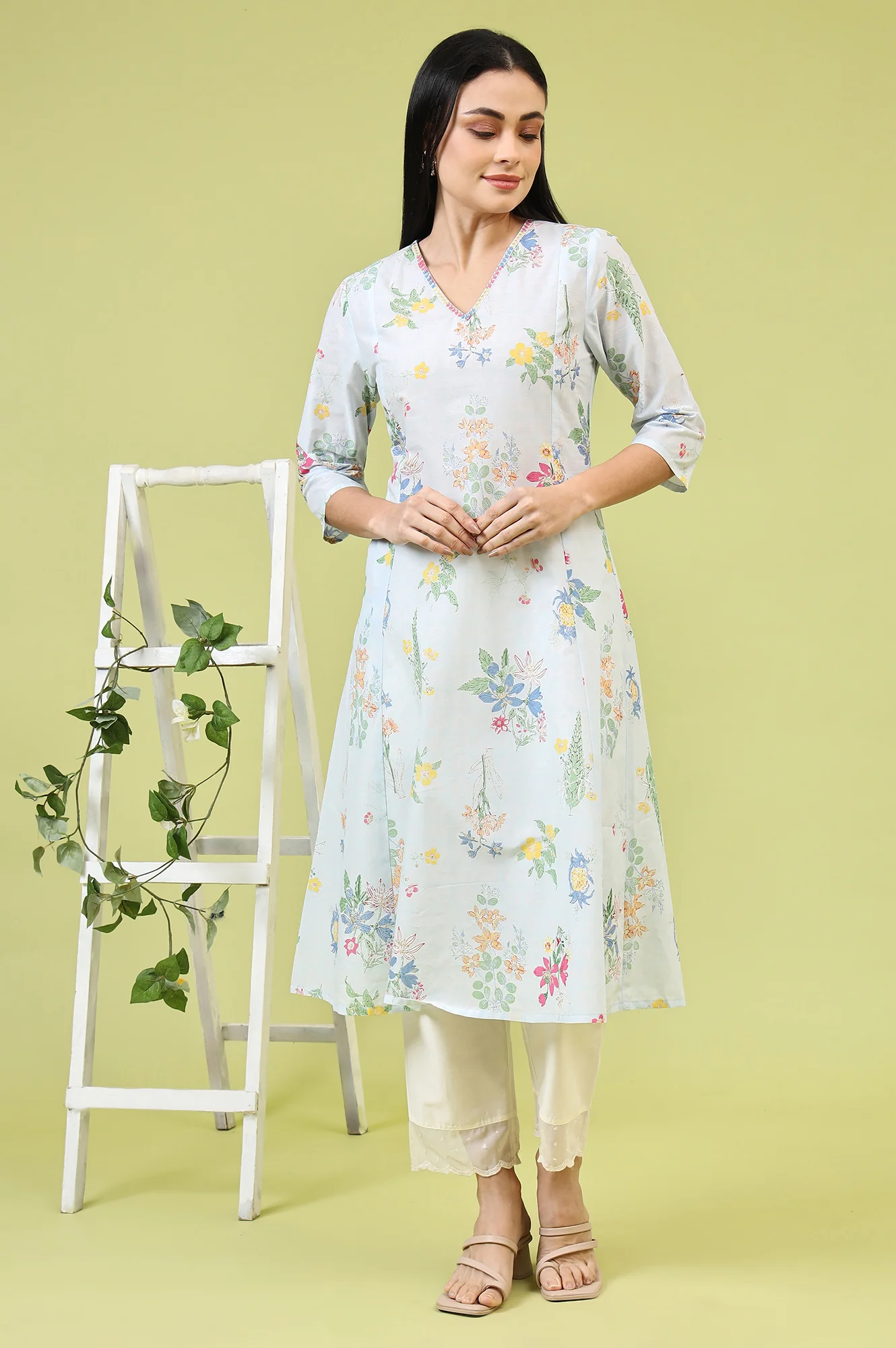 Blue Floral Printed Pure Cotton A-line Kurta with Thread Embroidery - Image 2