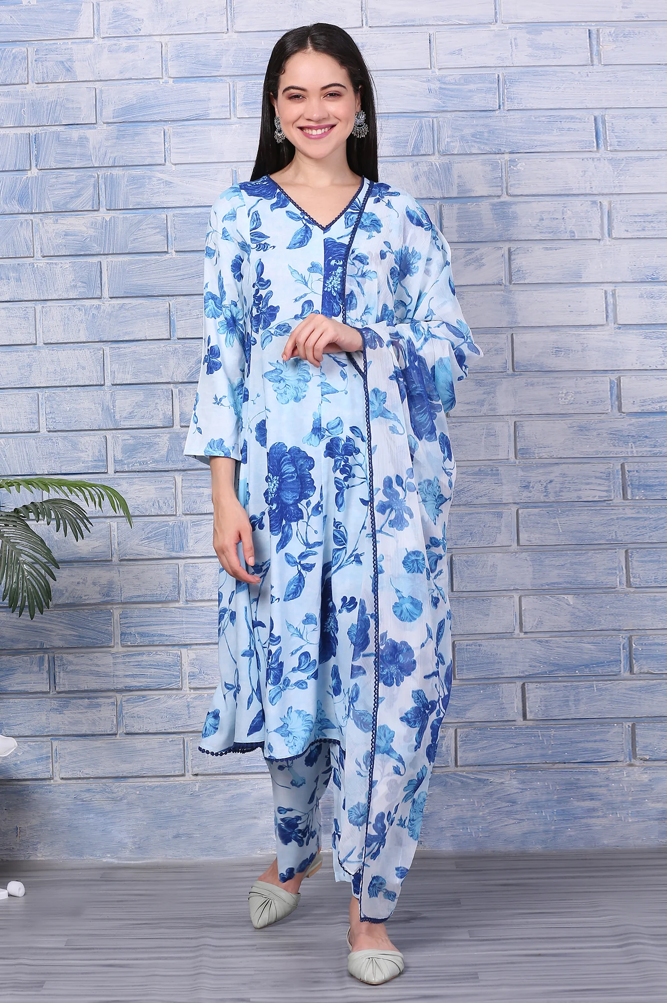 Blue Floral Printed Rayon Lace Flared Kurta, Pants and Dupatta Set - Image 2