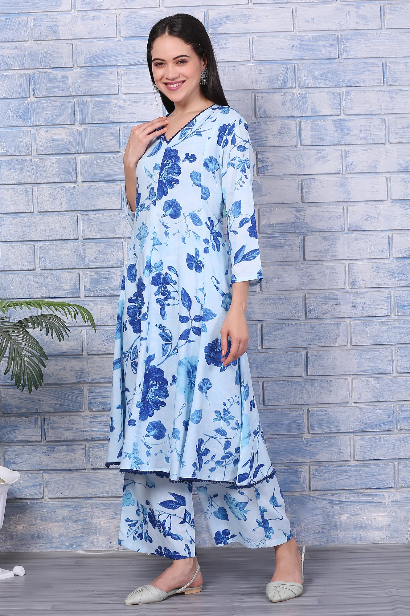 Blue Floral Printed Rayon Lace Flared Kurta, Pants and Dupatta Set - Image 4