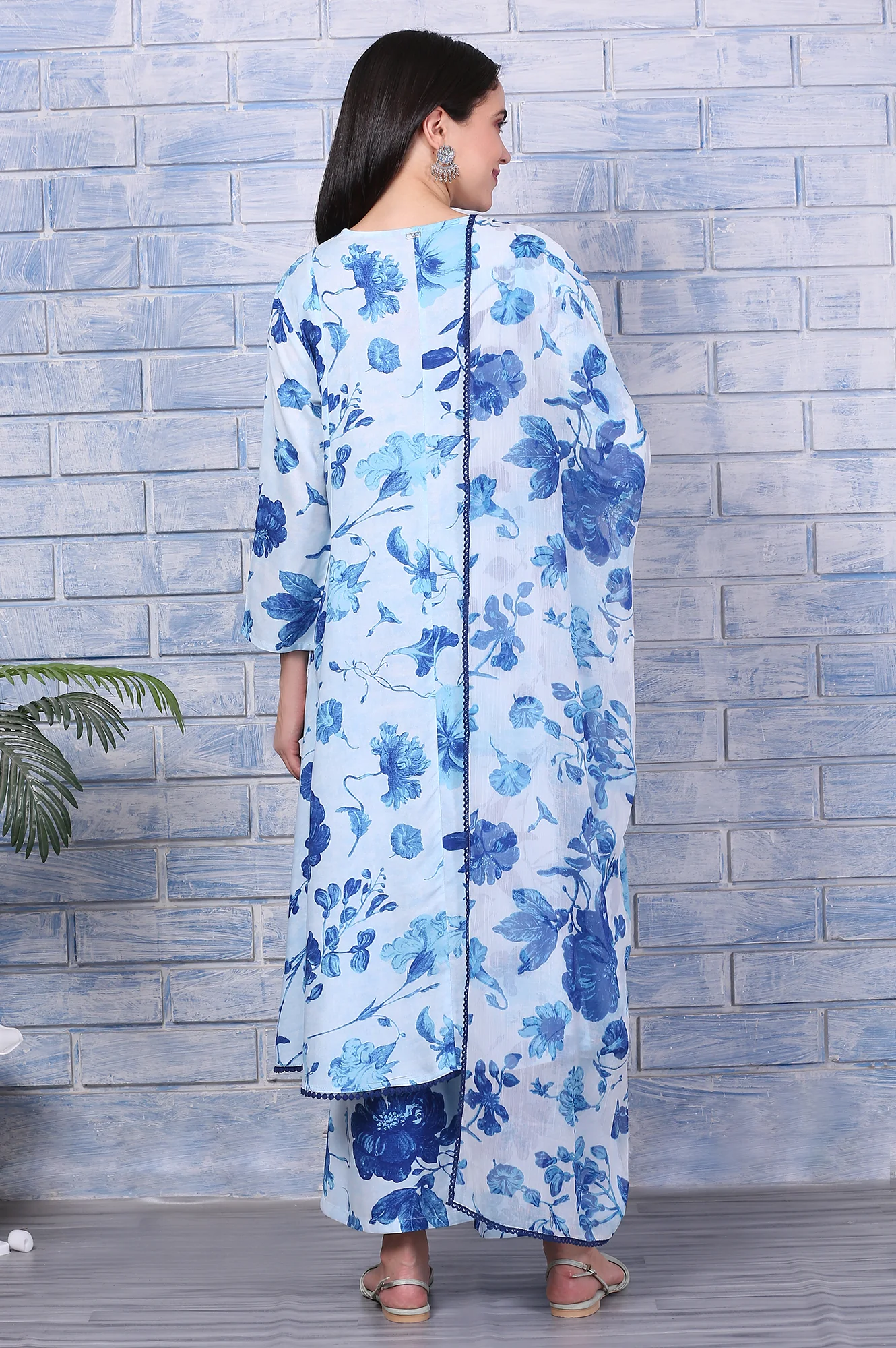 Blue Floral Printed Rayon Lace Flared Kurta, Pants and Dupatta Set - Image 5