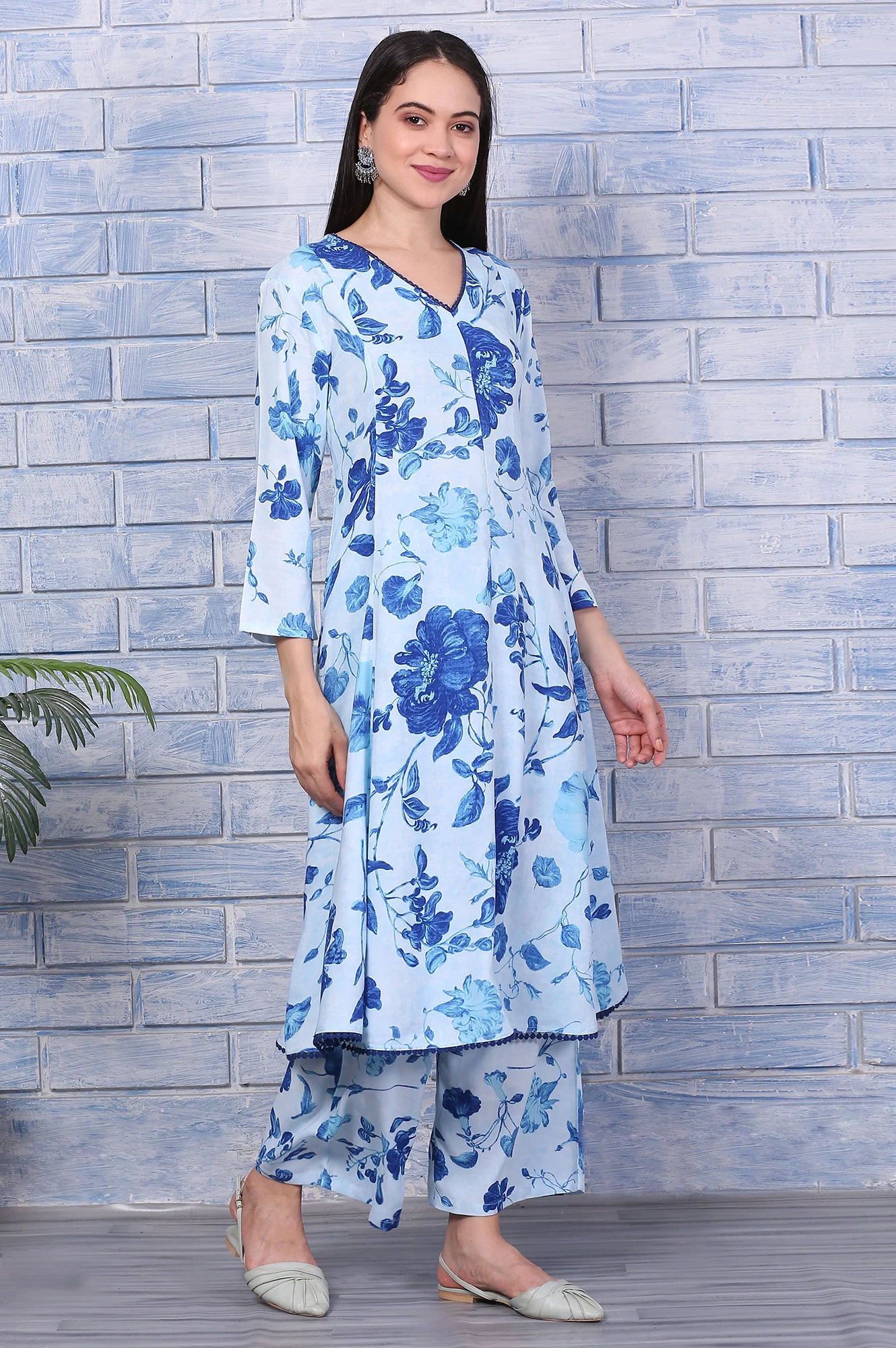 Blue Floral Printed Rayon Lace Flared Kurta, Pants and Dupatta Set - Image 6
