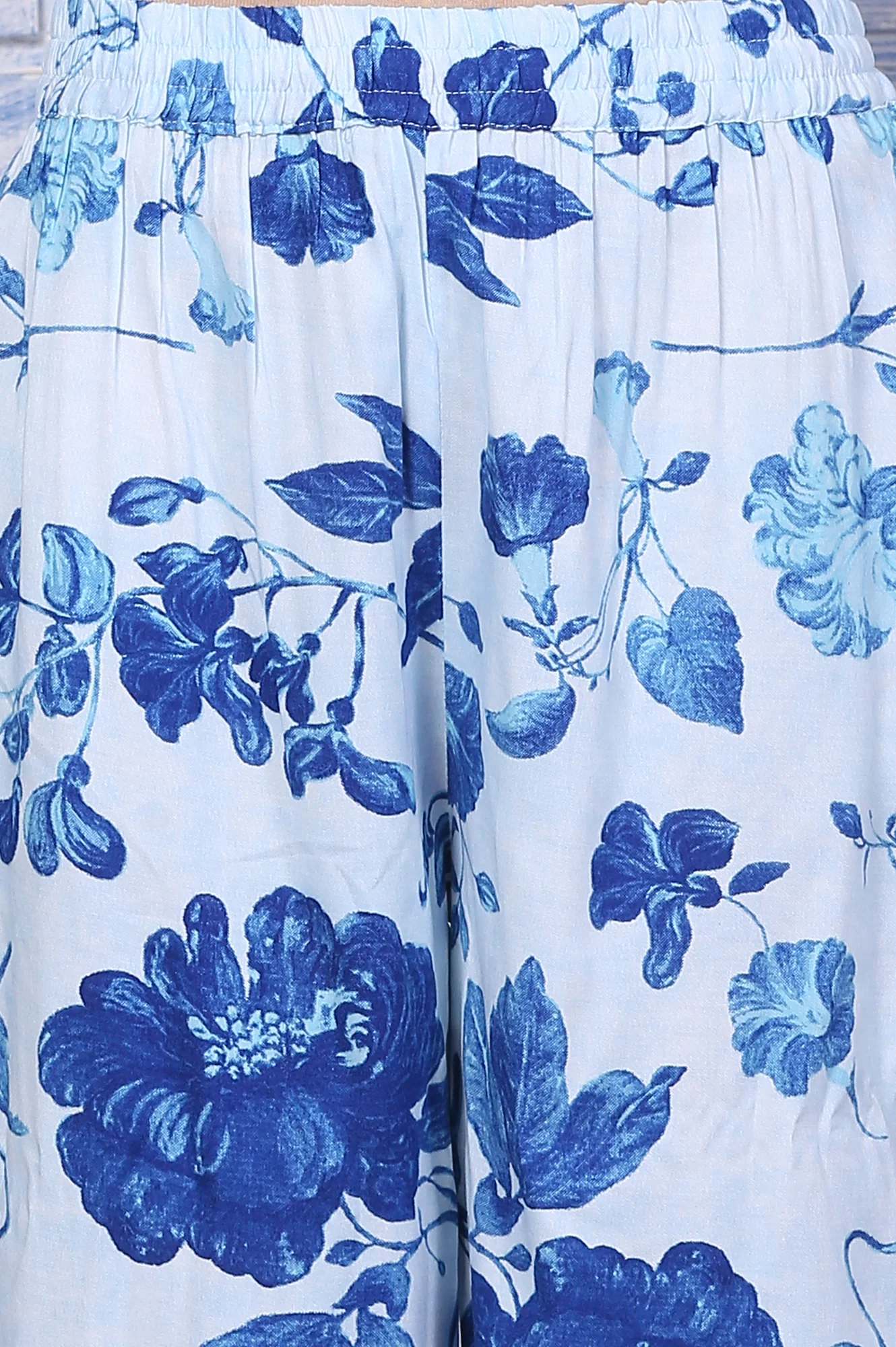 Blue Floral Printed Rayon Lace Flared Kurta, Pants and Dupatta Set - Image 7