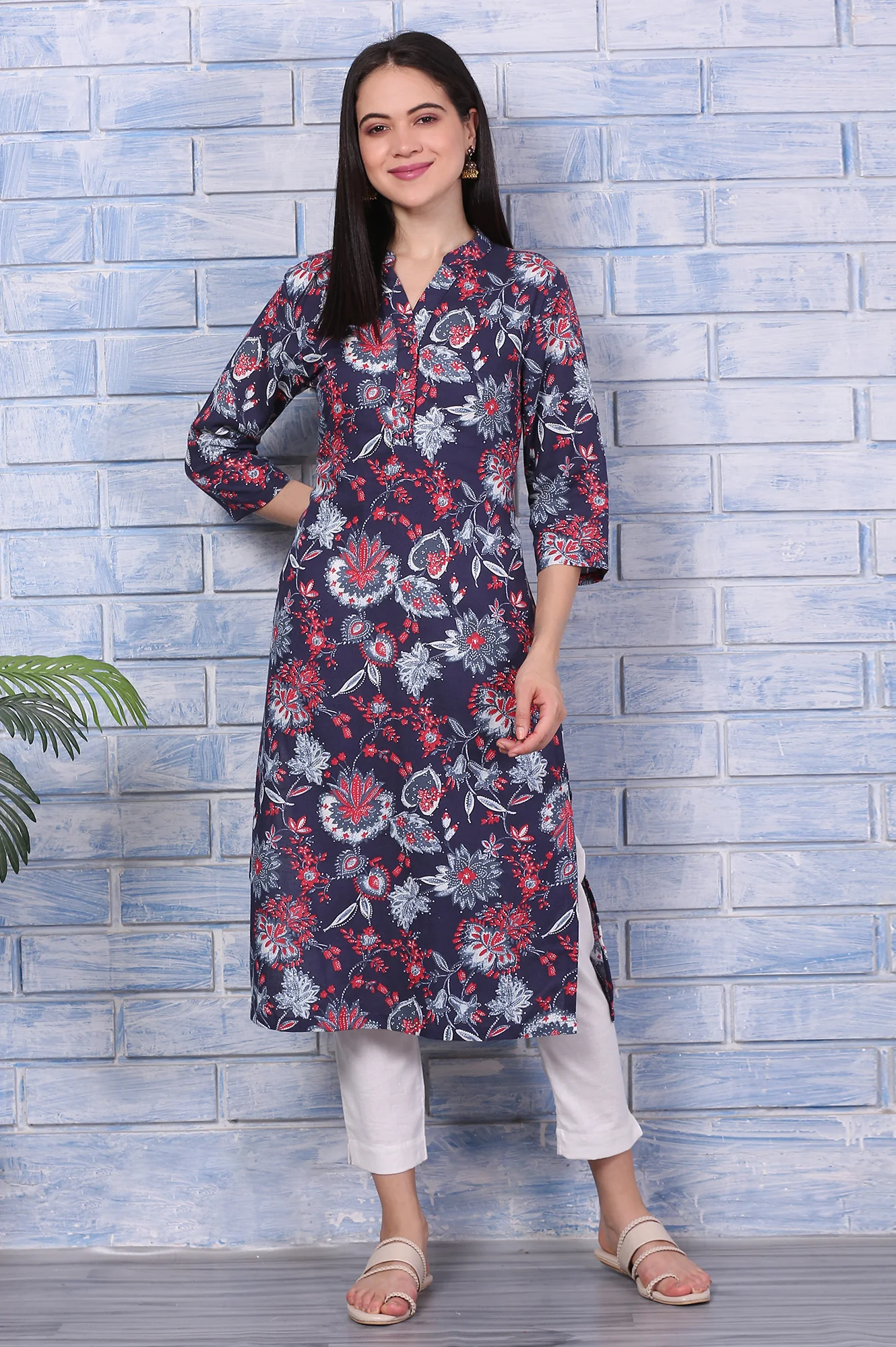 Blue Floral Printed Rayon Straight Casual Kurta