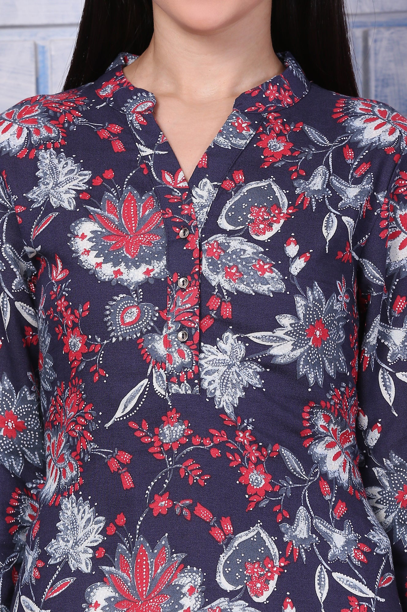 Blue Floral Printed Rayon Straight Casual Kurta - Image 3