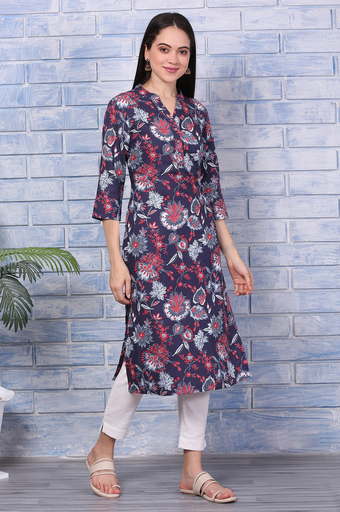 Blue Floral Printed Rayon Straight Casual Kurta - Image 6