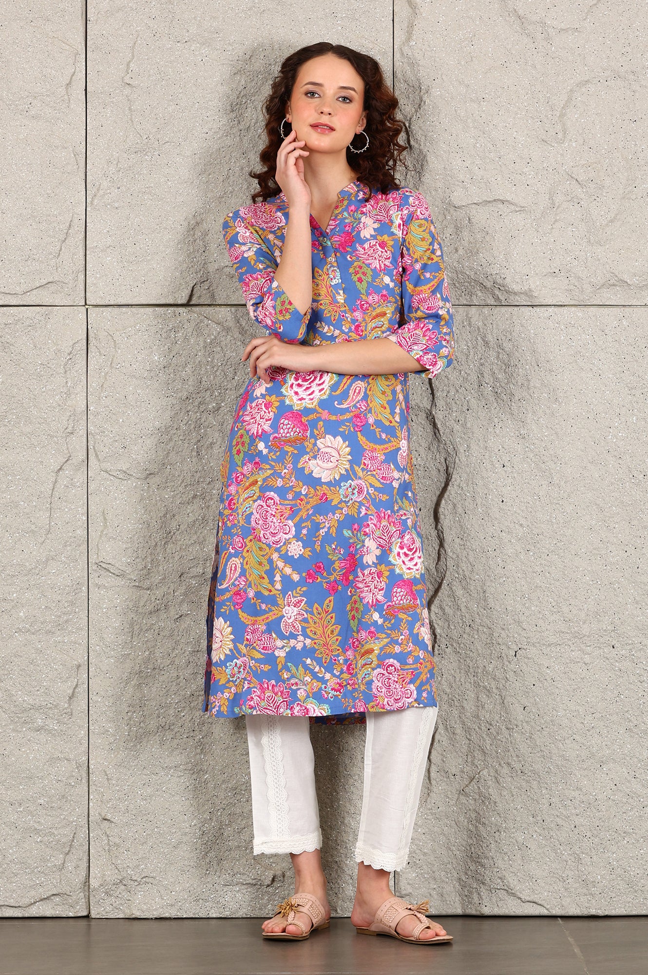 Blue Floral Printed Rayon Straight Kurta - Image 2