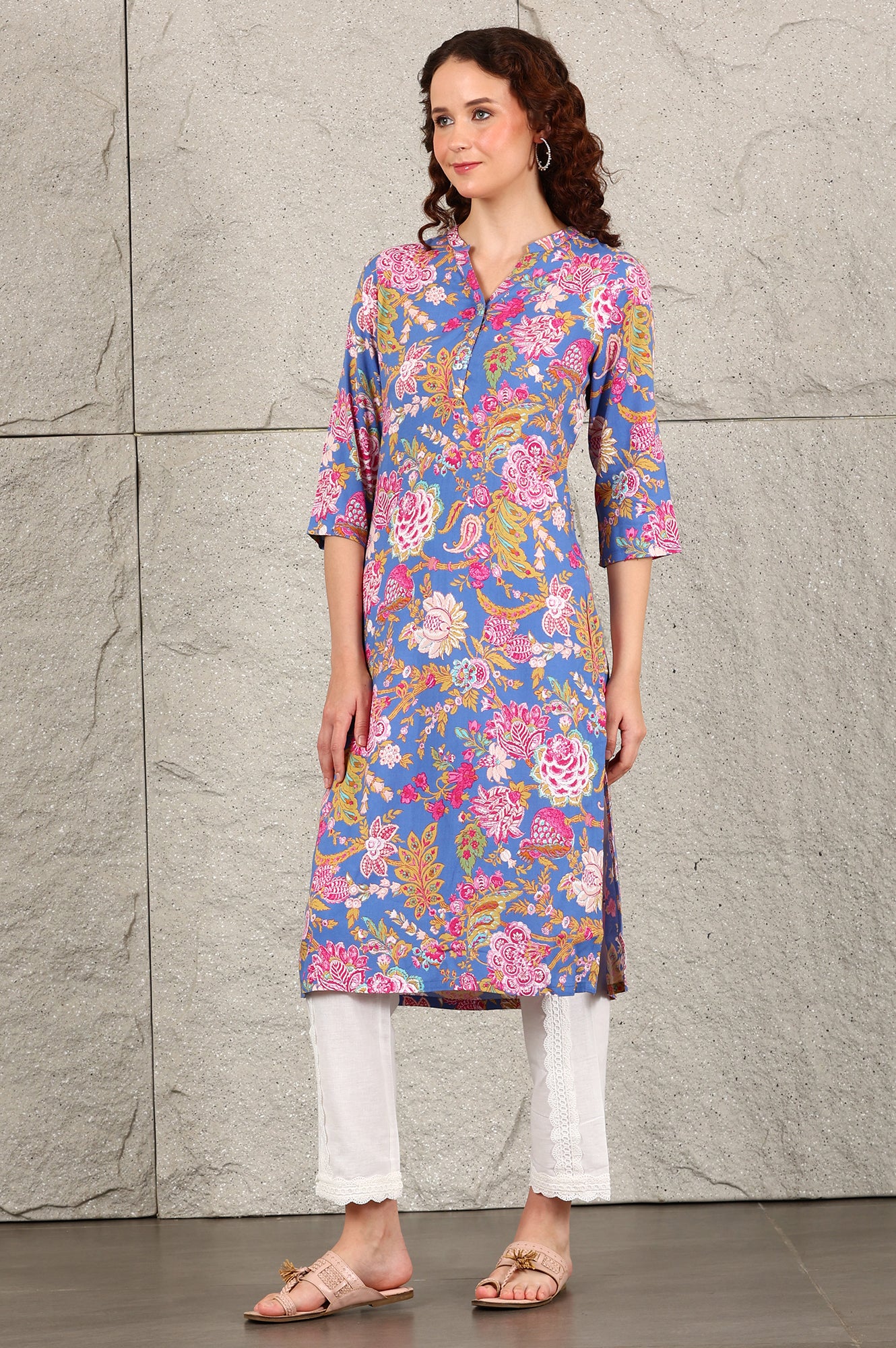 Blue Floral Printed Rayon Straight Kurta - Image 4