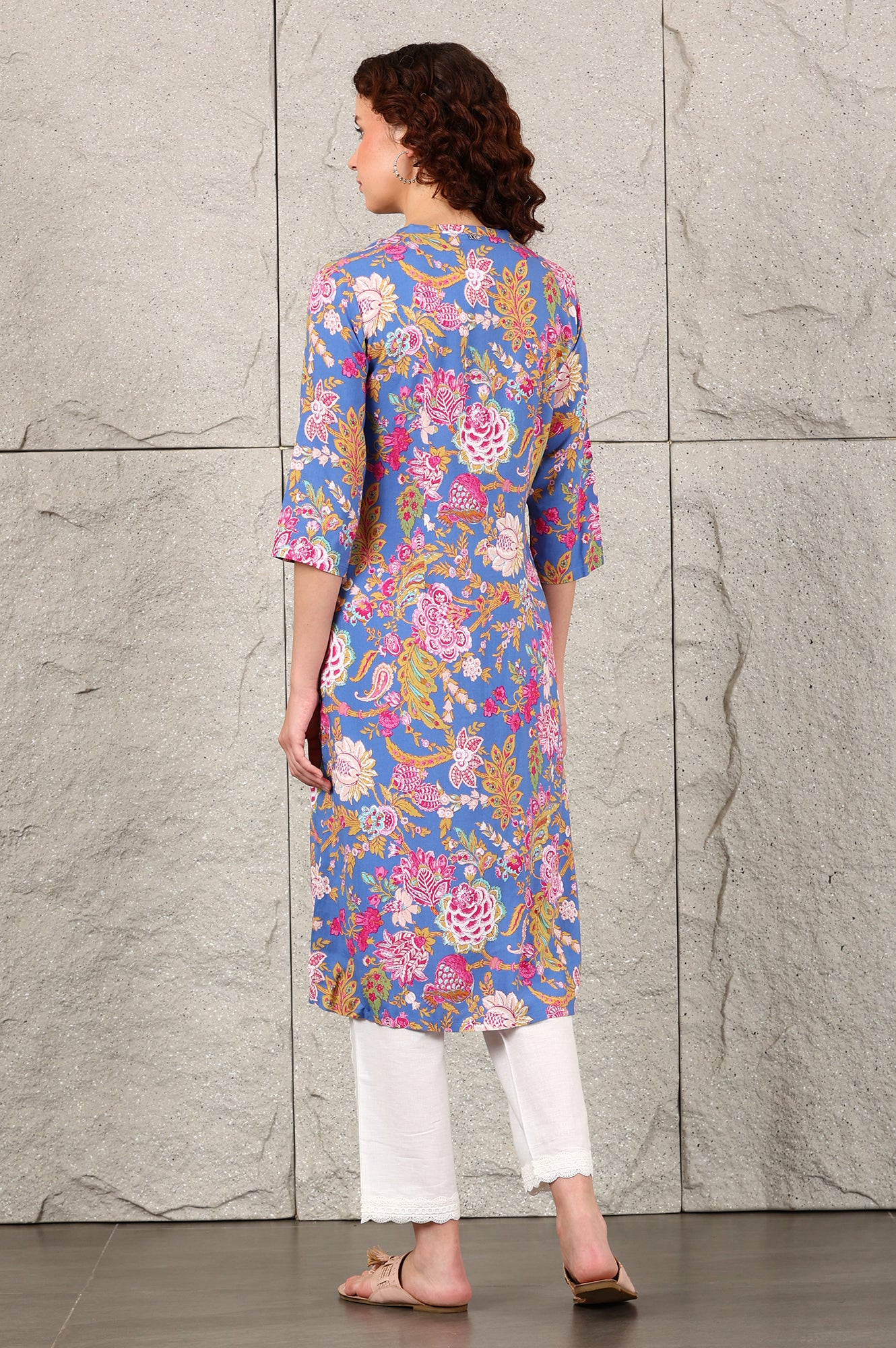 Blue Floral Printed Rayon Straight Kurta - Image 5