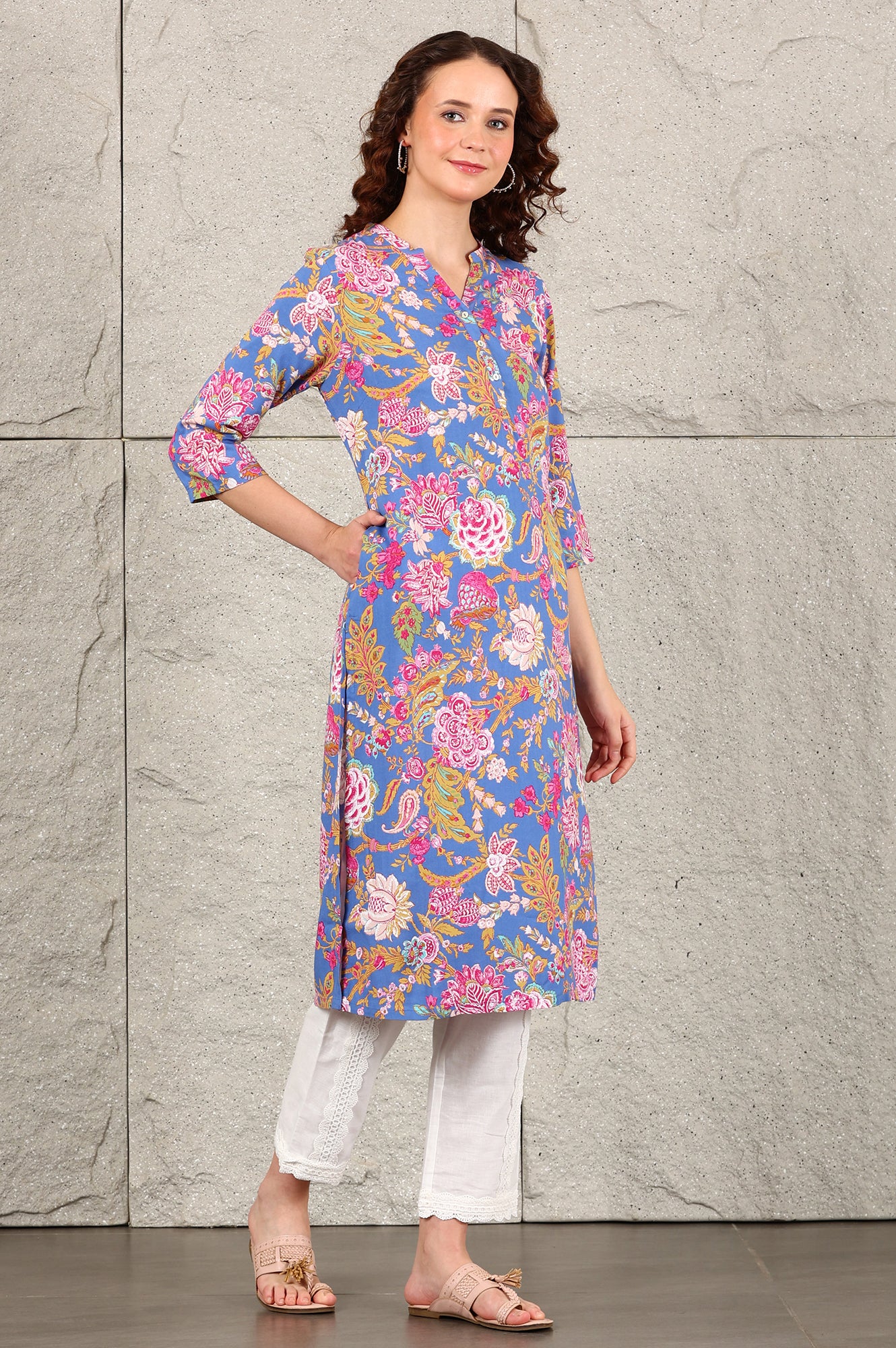 Blue Floral Printed Rayon Straight Kurta - Image 6