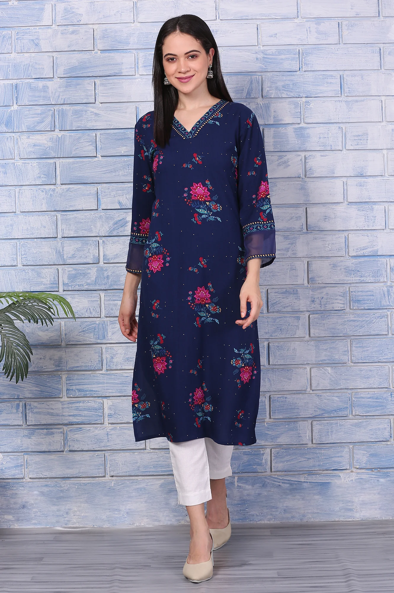 Blue Floral Printed Rayon Straight Kurta - Image 2