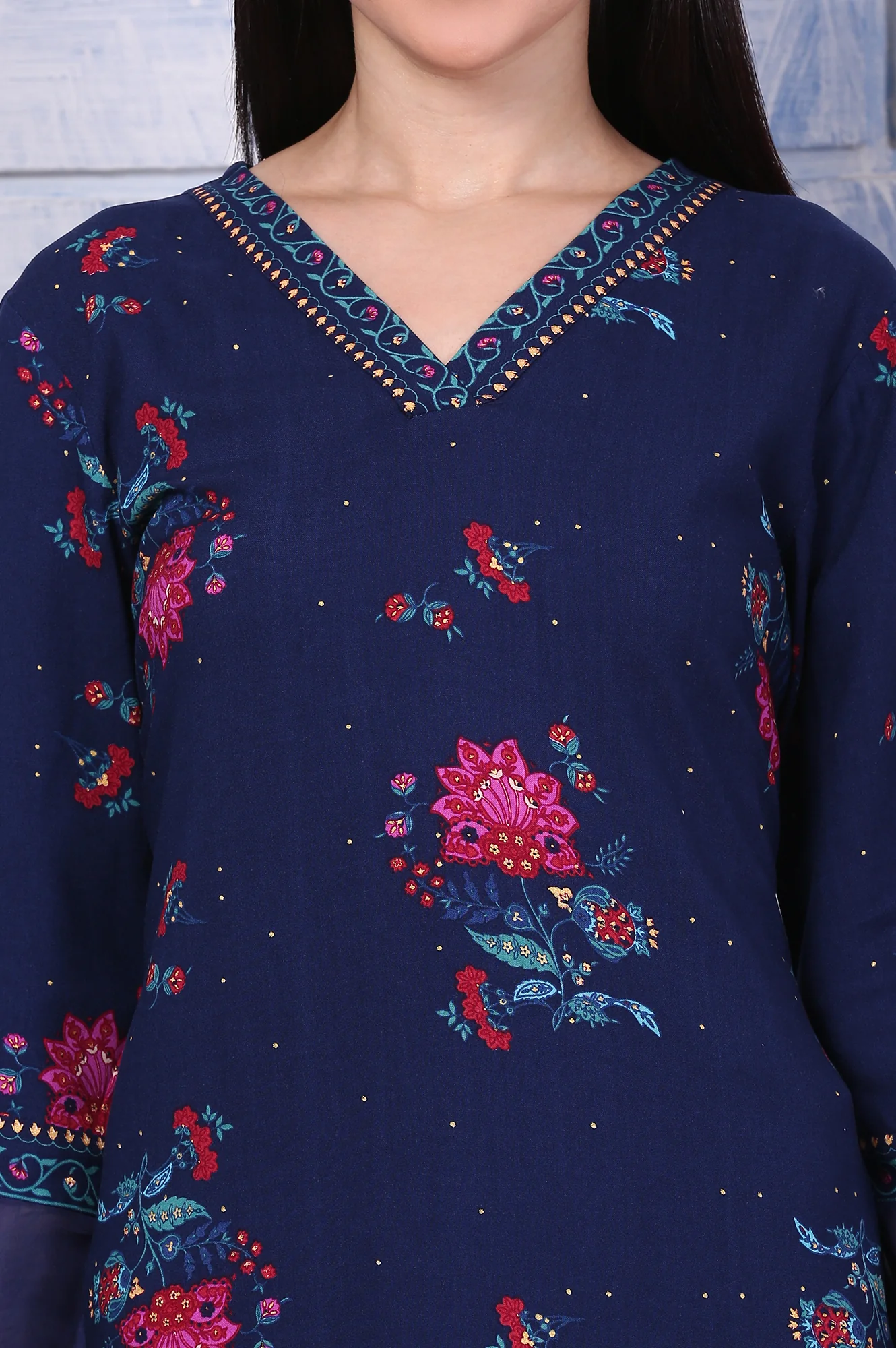 Blue Floral Printed Rayon Straight Kurta - Image 3
