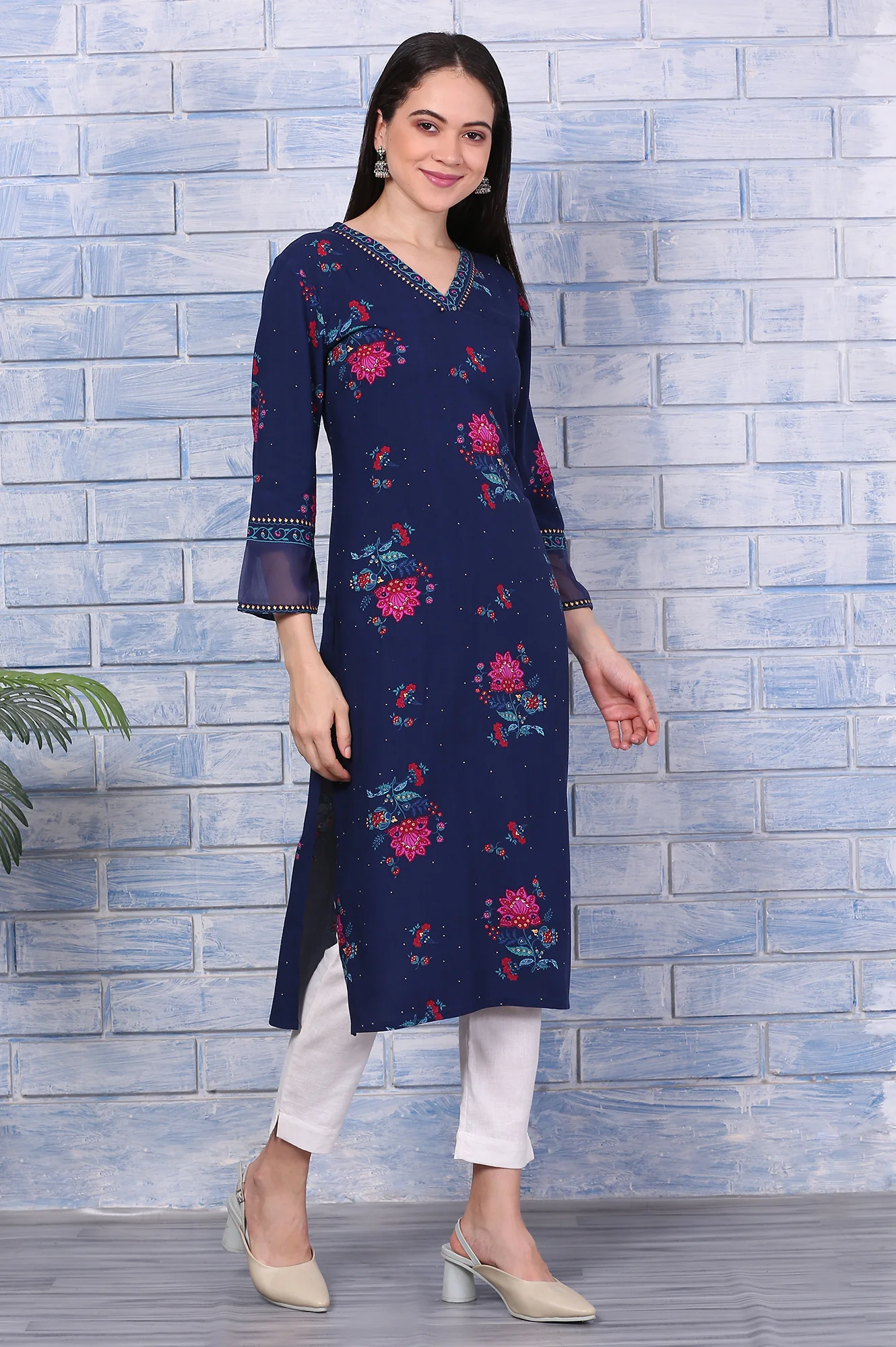 Blue Floral Printed Rayon Straight Kurta - Image 6