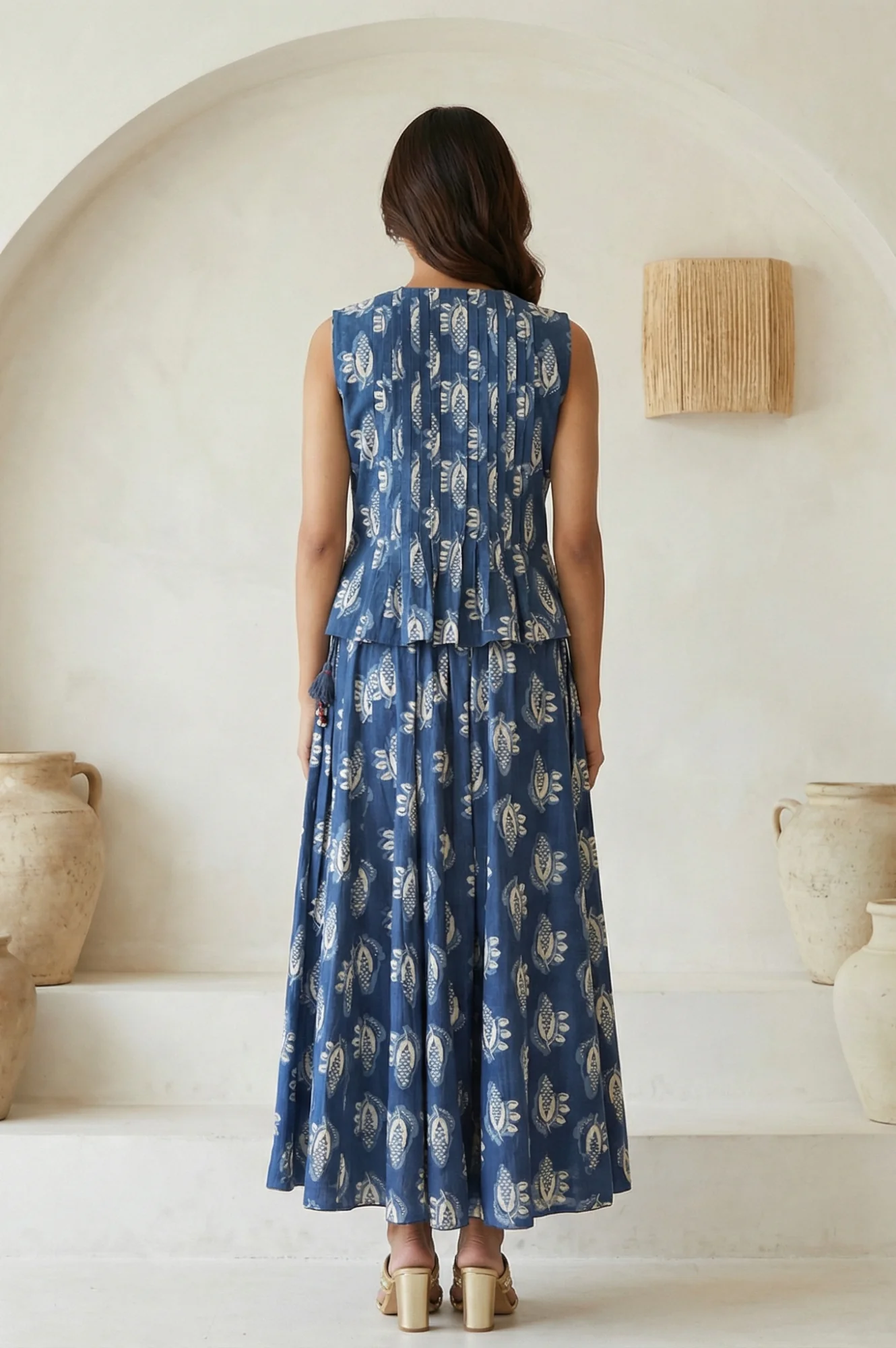 Blue Floral Printed Tassel Pure Cotton Top with Flared Skirt Set - Image 4