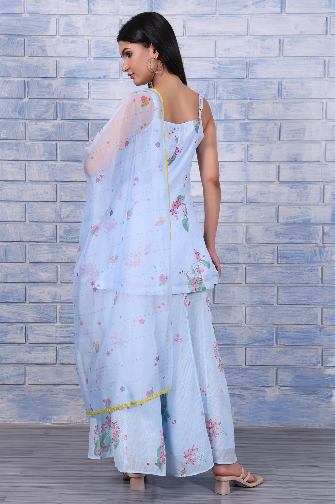 Blue Floral Printed Thread Embroidered Kota Flared Kurta, Flared Pant And Dupatta Set - Image 5