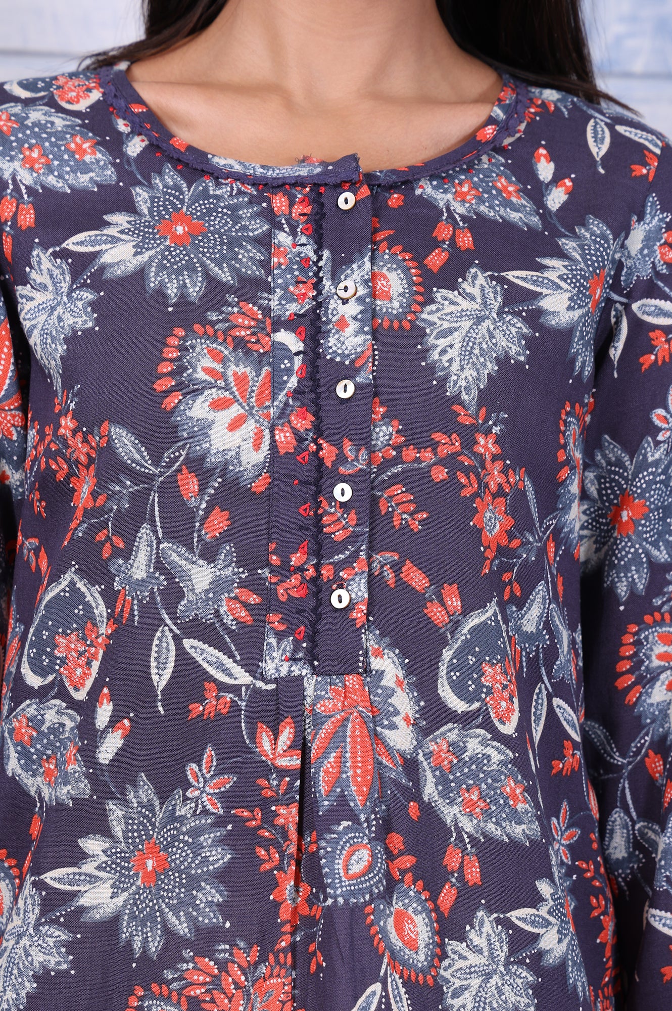 Blue Floral Printed Thread Embroidered Rayon Flax Tops - Image 3