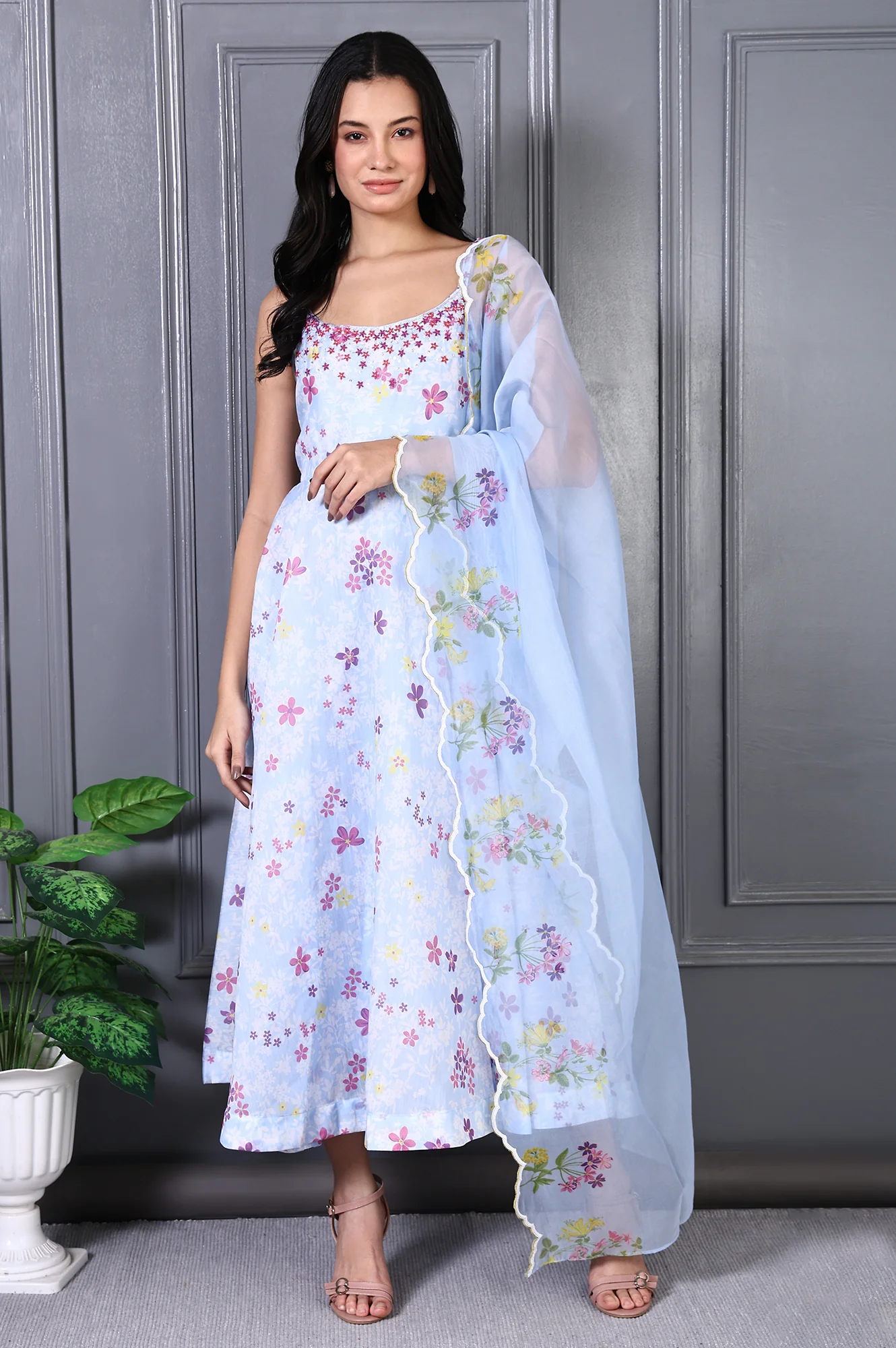 Blue Floral Printed Thread Work Chanderi Flared Dress and Dupatta Set - Image 2