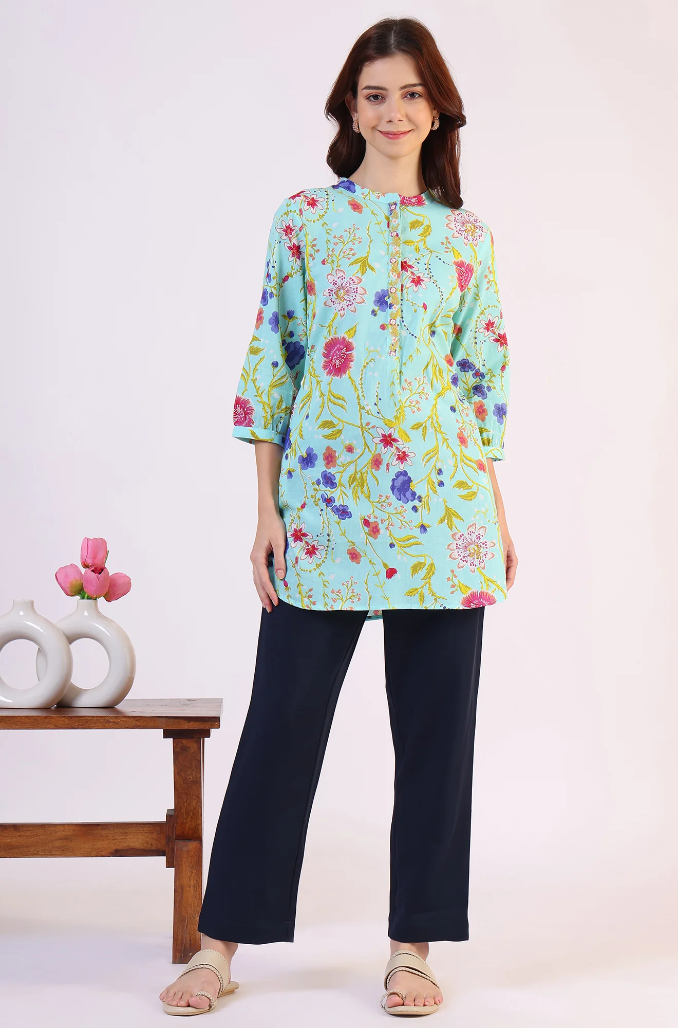 Blue Floral Printed Tunic with Floral Thread Embroidery - Image 2