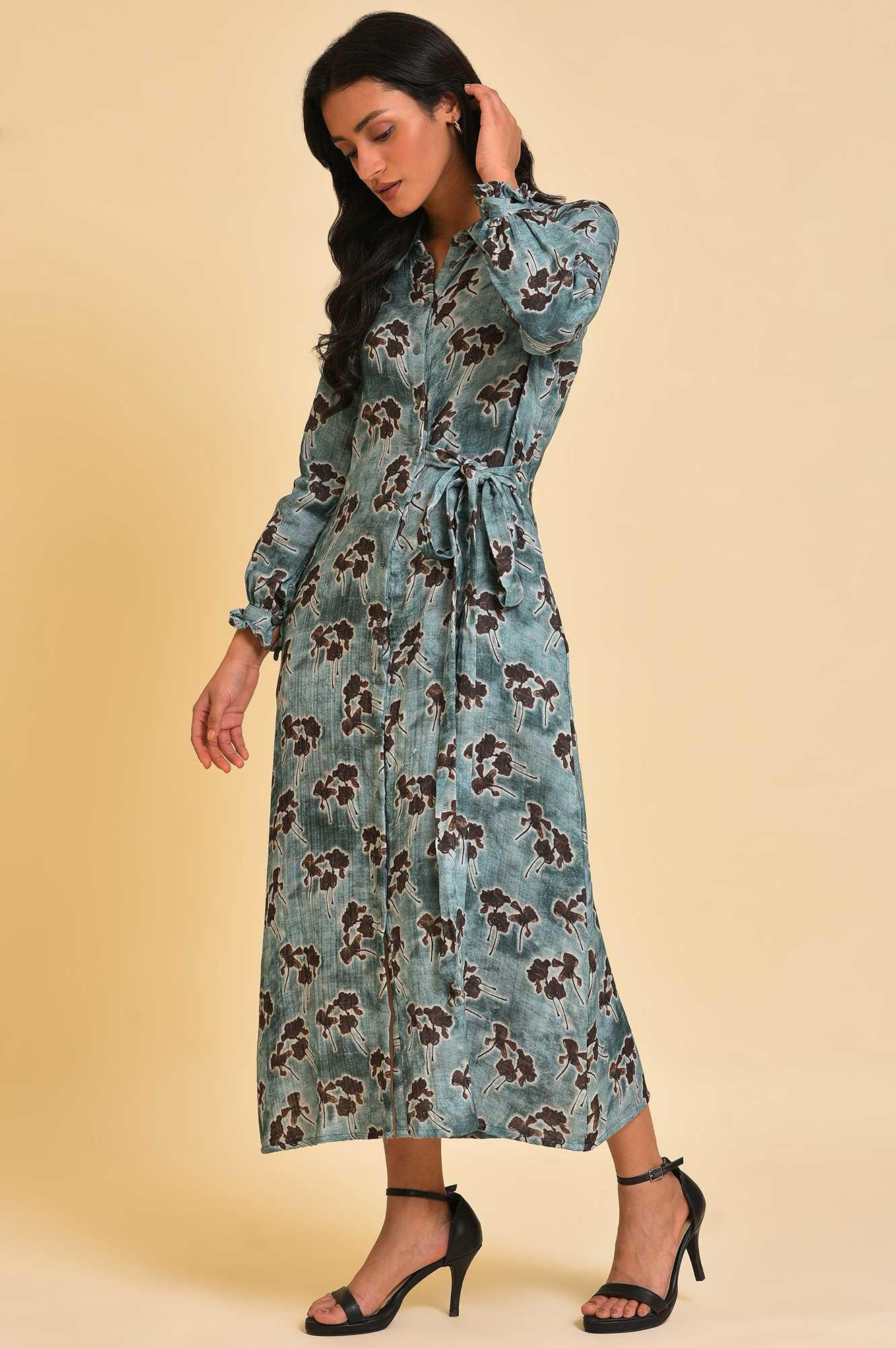 Blue Floral Printed Western Full Length Dress - Image 3