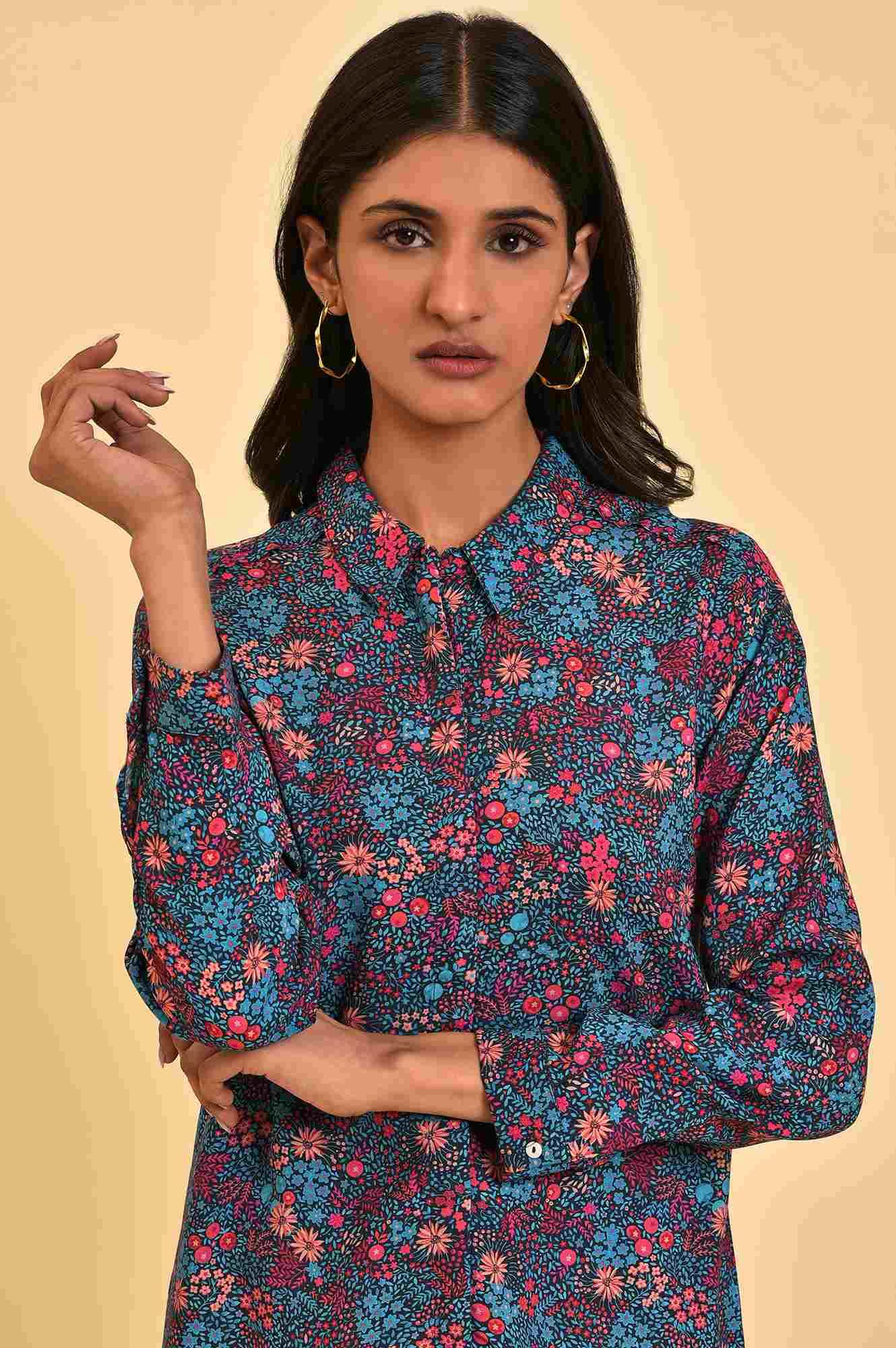 Blue Floral Printed Women Shirt - Image 5