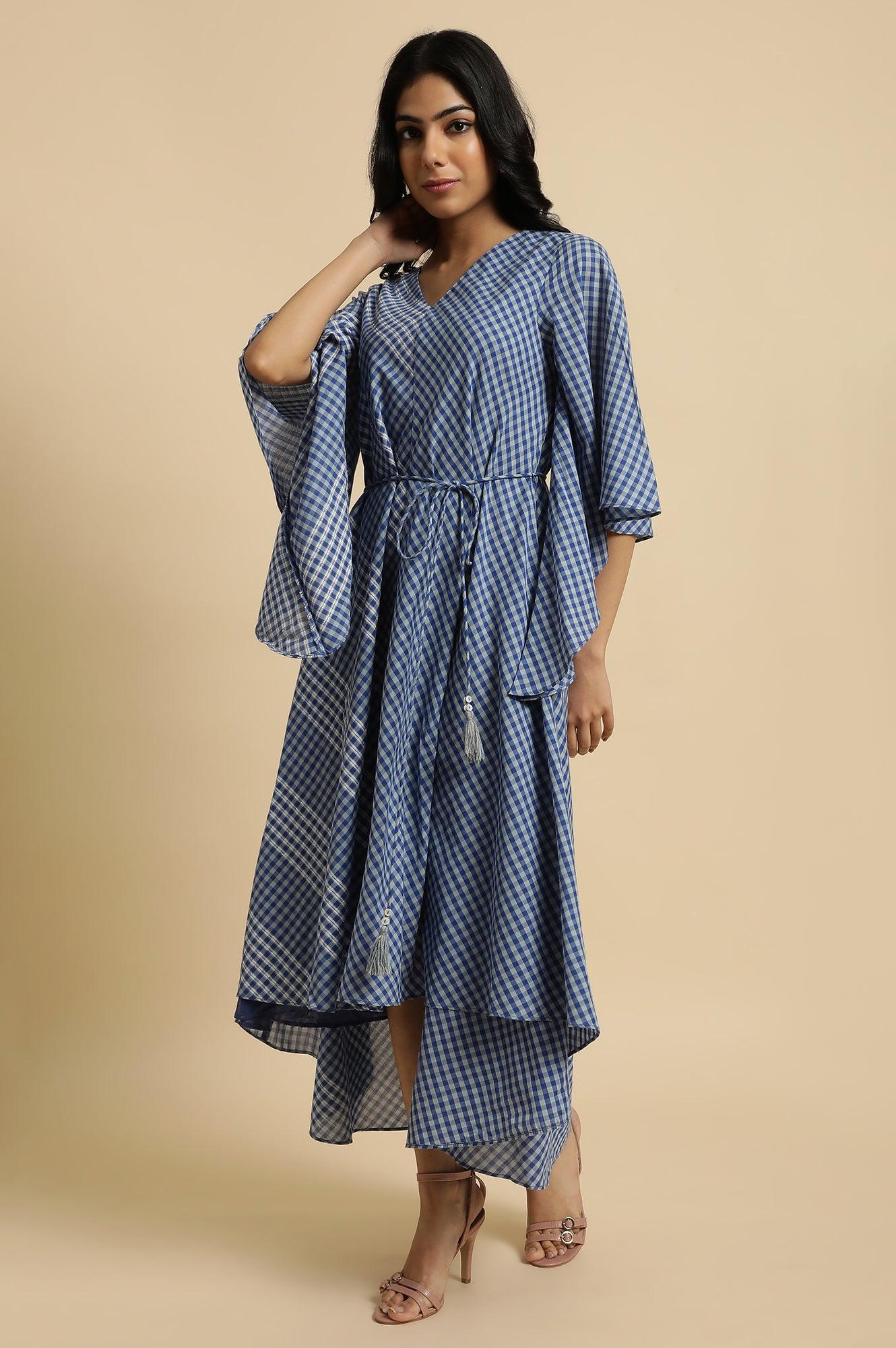 Blue Fluid Checkered Dress - Image 4