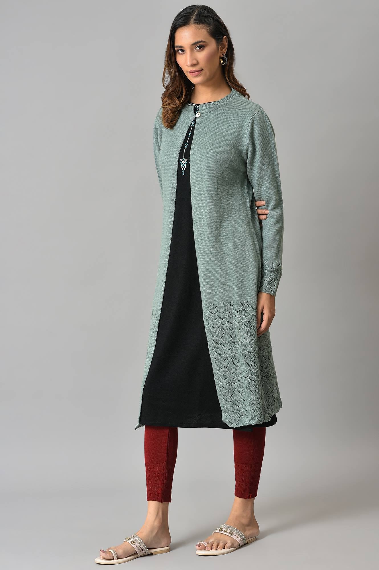Blue Front Open Self Knitted Women Cardigan - Image 3