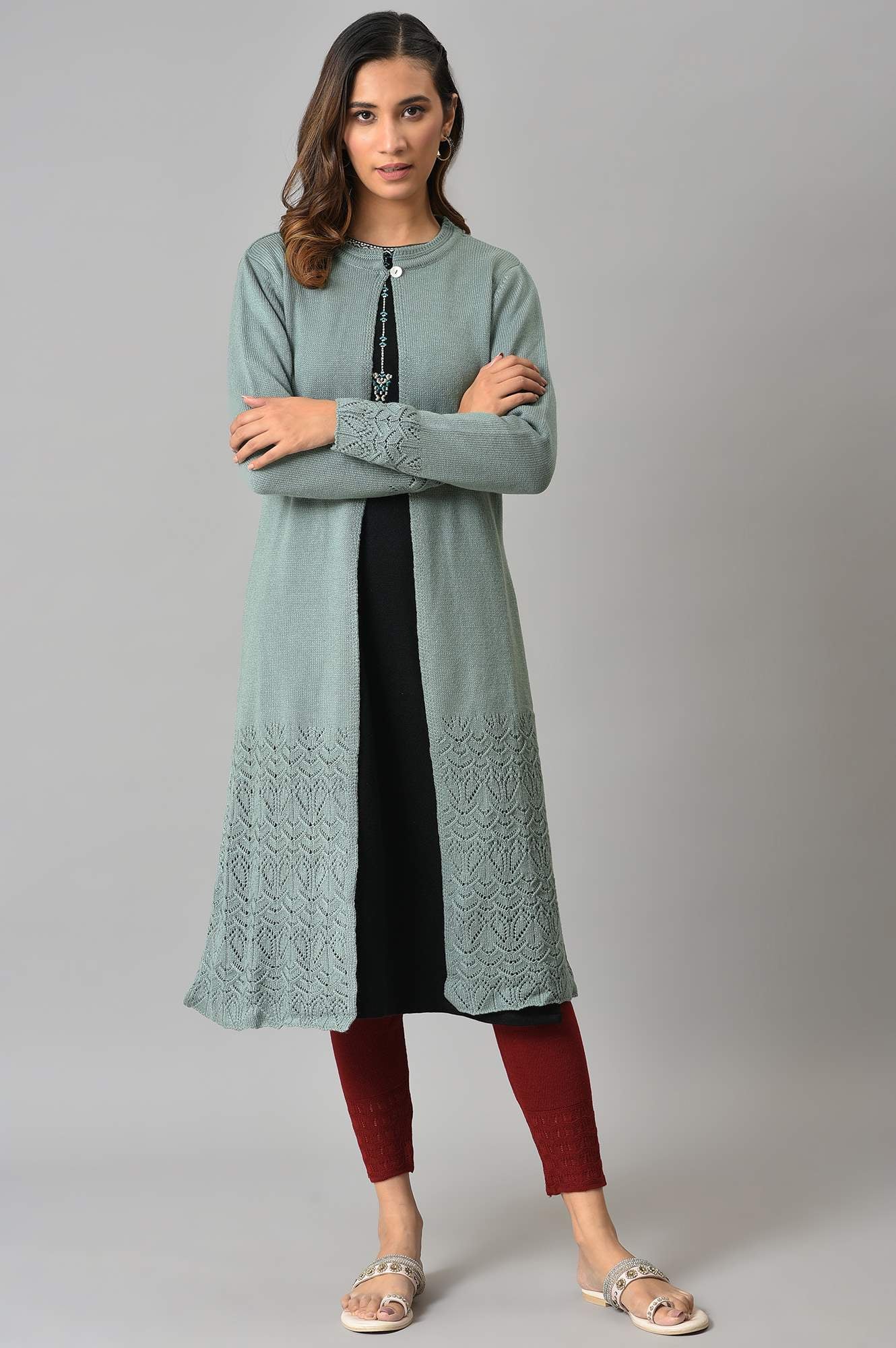 Blue Front Open Self Knitted Women Cardigan - Image 5