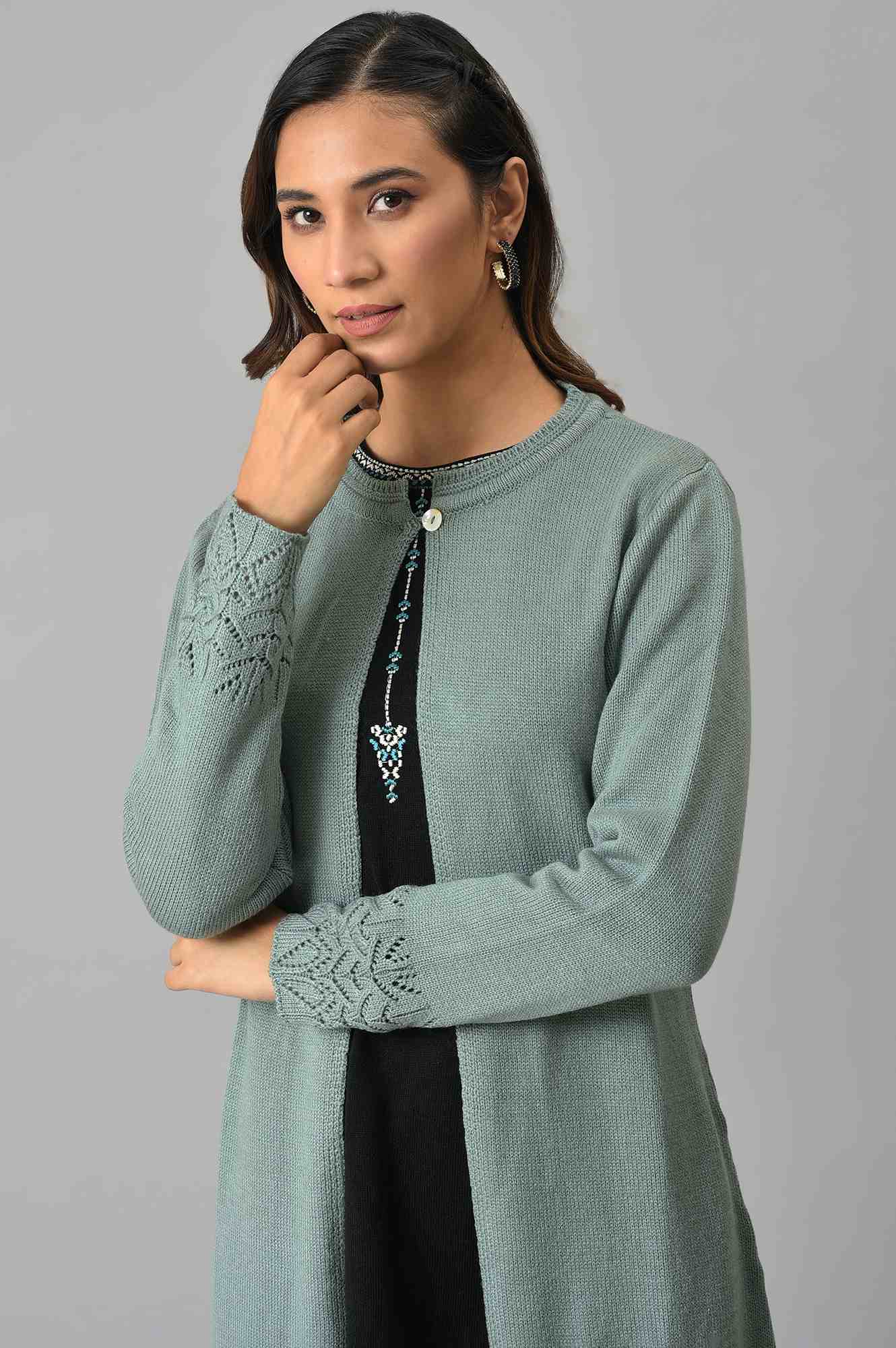 Blue Front Open Self Knitted Women Cardigan - Image 6